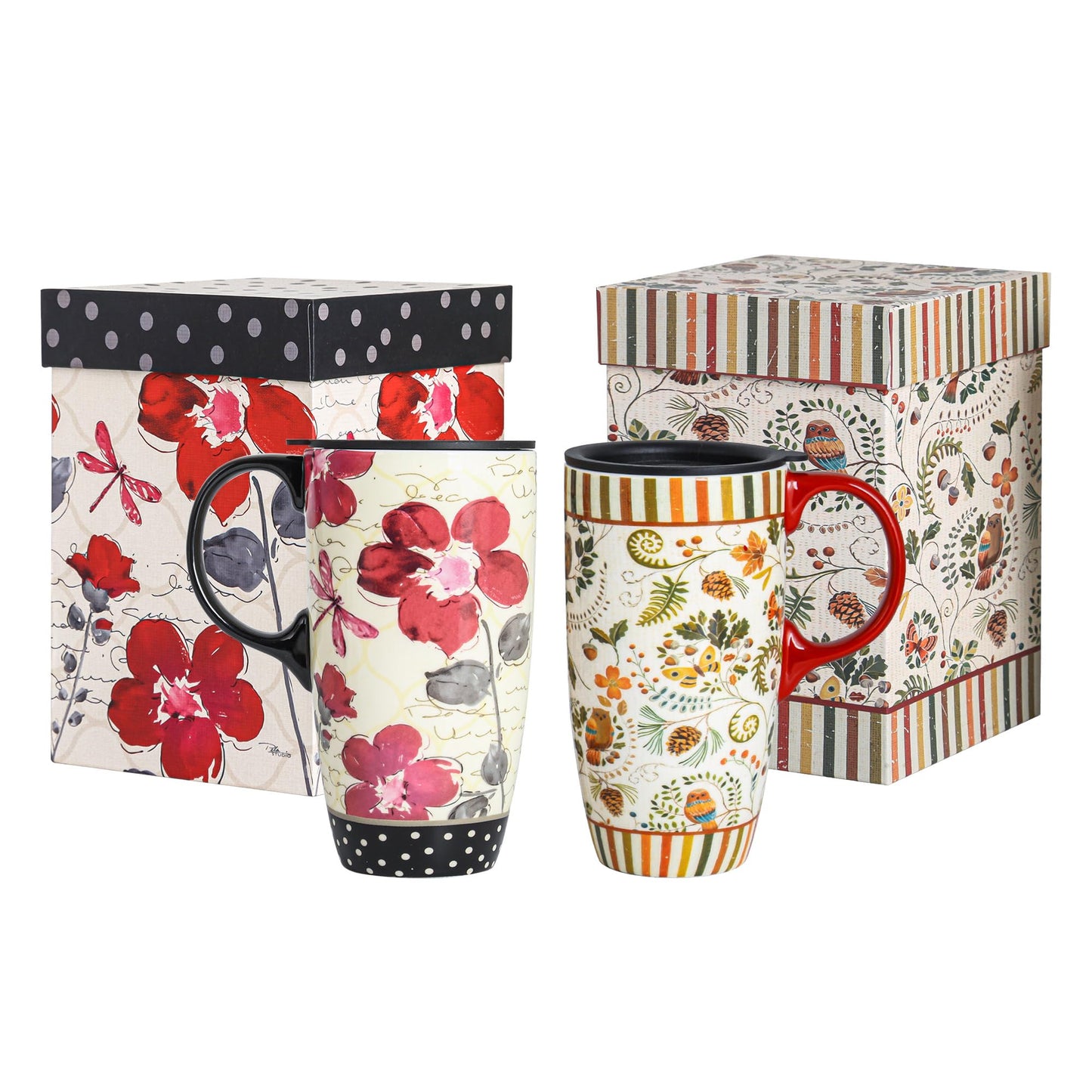 Topadorn Ceramic Coffee Mug Set of 2, 17 Oz Tea Cups with Handle and Lid for Latte, Tea, Cappuccino, Milk, Cocoa, Microwave&Dishwasher Safe, Flowers and Forest