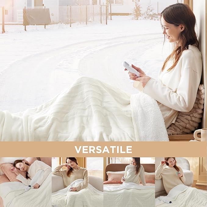 Bedsure Heated Blanket Electric Throw - Soft Flannel Electric Blanket, Heated Throw with 4 Time Settings & 6 Heat Settings, Warm Gift for Grandma (50x60 inches, Ivory)