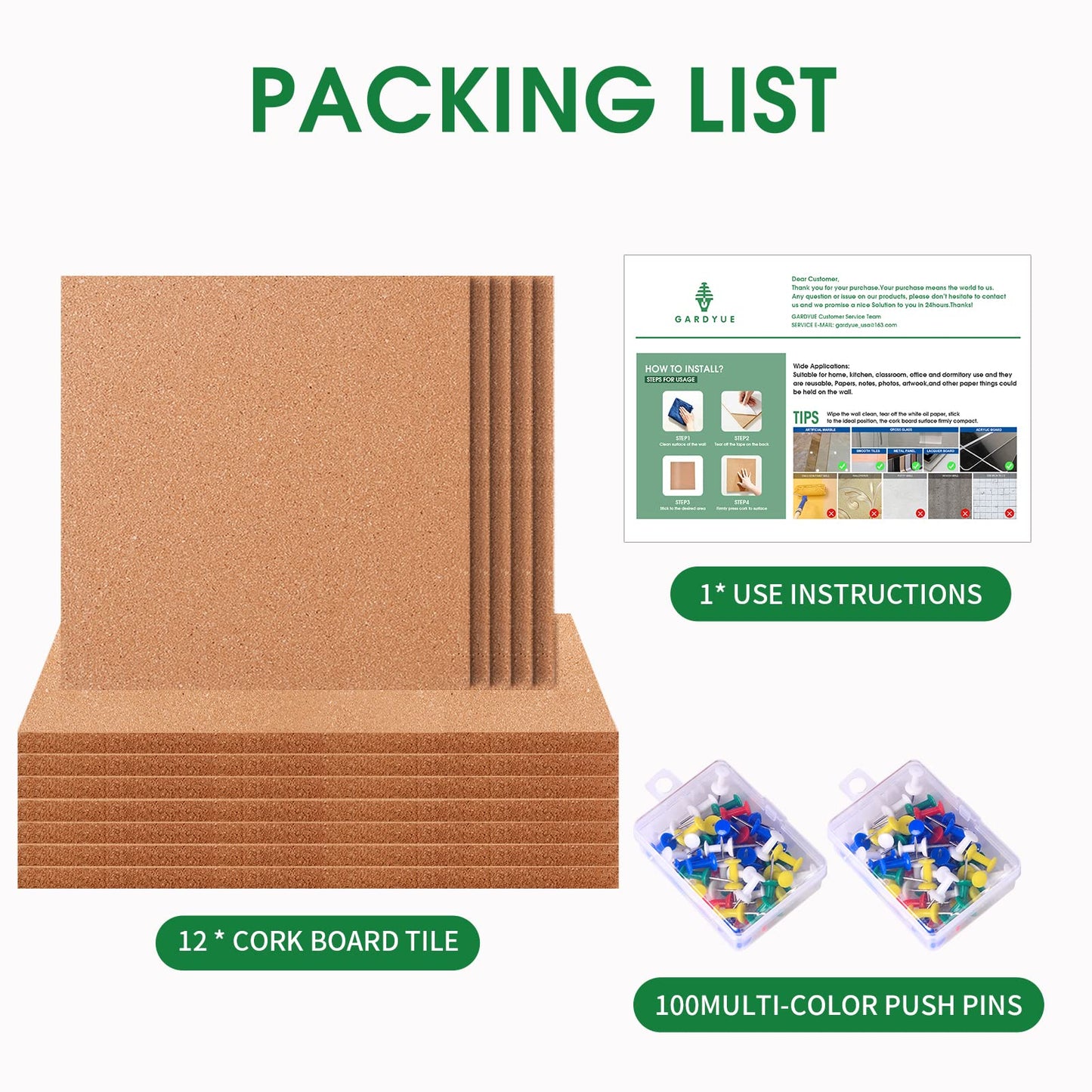 GARDYUE 12 Pack Cork Bulletin Board 12 x 12 Inch - 1/2" Thick Cork Board Tiles,Self-Adhesive Frameless Cork Tiles Wall Decor with 100 PCS Pushpins for DIY, Office, School and Home Decor