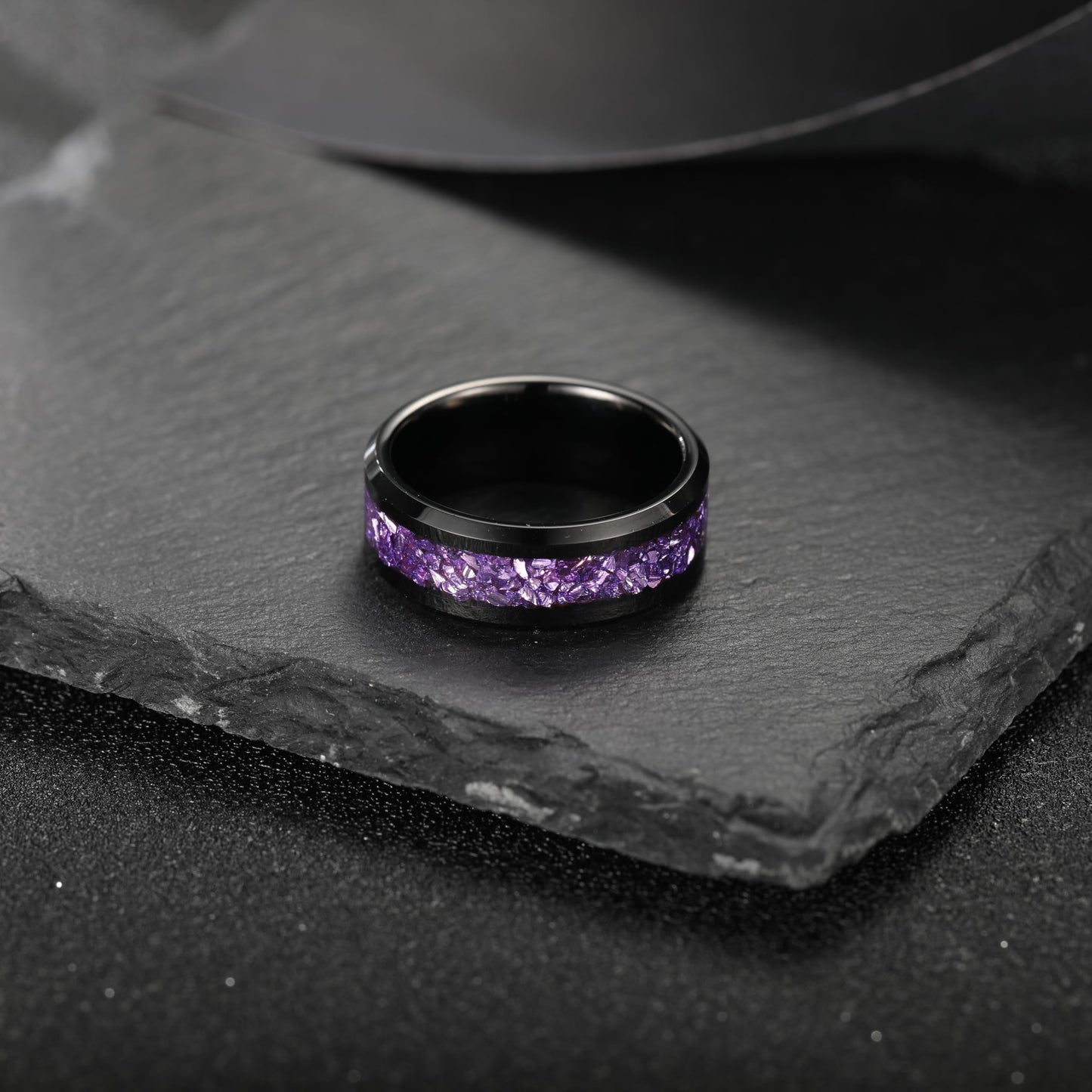 NUNCAD Men's Tungsten Rings 8mm Black Wedding Band Inlaid with Amethyst Center Polished Beveled Edge Comfort Fit Size 7-12