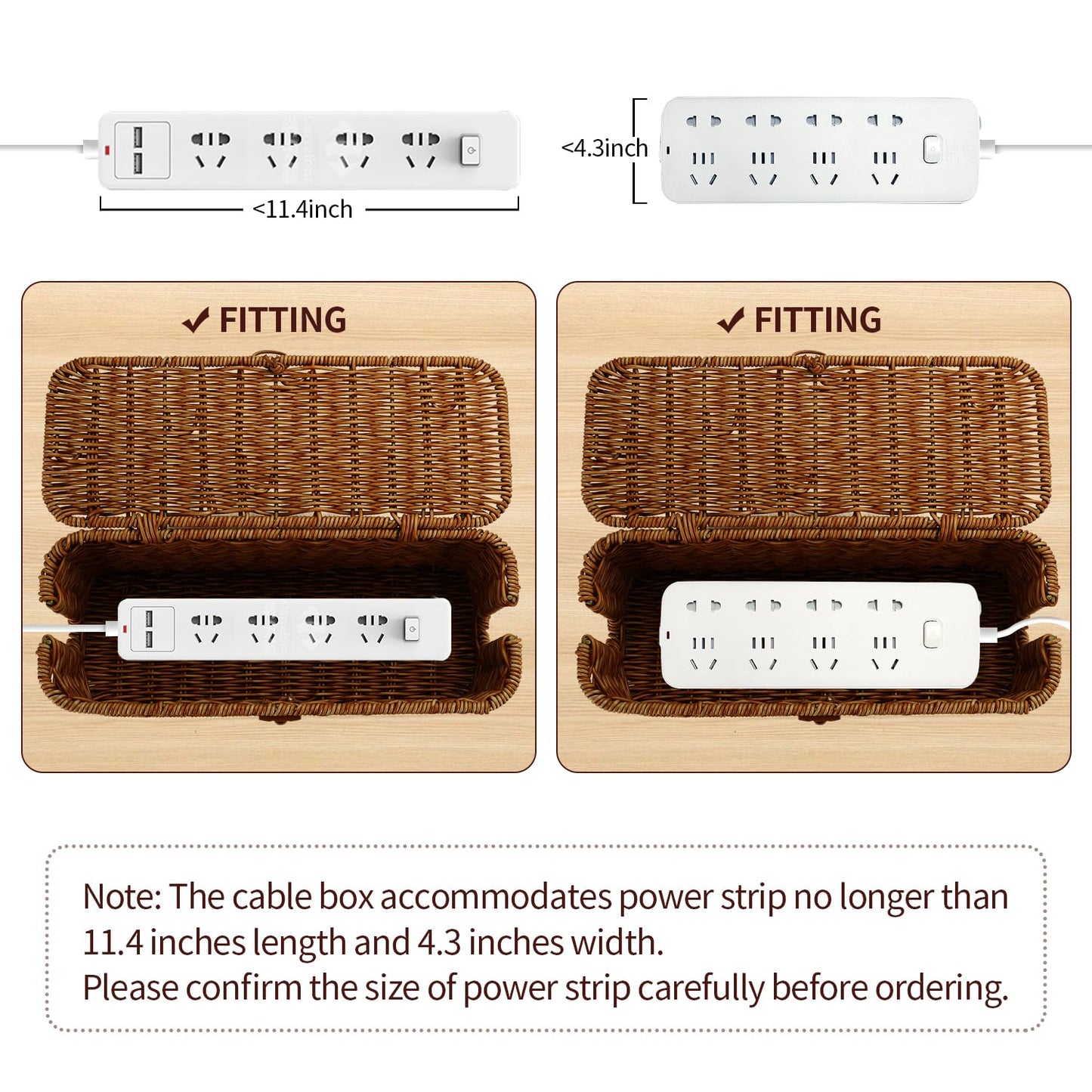 Cable Management Box, Desk Handwoven Rattan Cord Hider Cable Organizer Box With Lid Button Lock, Power Strip Cover Wicker Decorative Basket, Floor Wire Hiding Extension Cord Box (dark brown)