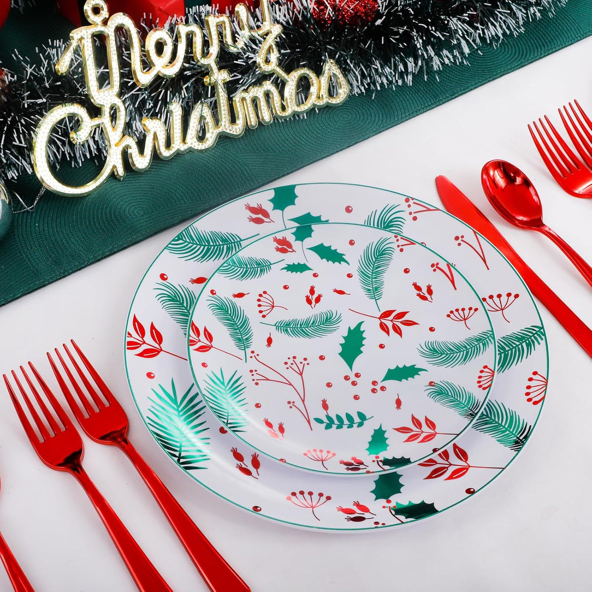 NOCCUR 60PCS Christmas Disposable Plates - Green & Red Plastic Dinner Plates, 30 Dinner & 30 Salad Plates - Pine Needle & Berry Design, Heavy Duty for Christmas Parties