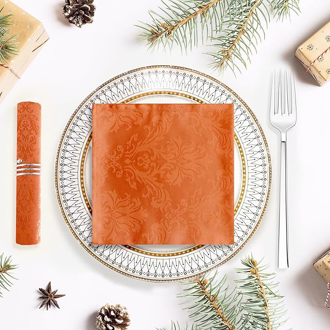 SASTYBALE Rust Jacquard Square Napkin, Damask Wrinkle Free Soft Polyester Napkins, Thanksgiving Fabric Cloth Napkins for Christmas, Wedding,Holiday, Party, Dinners, Set of 4 (Rust, 20X20 inch Napkin)
