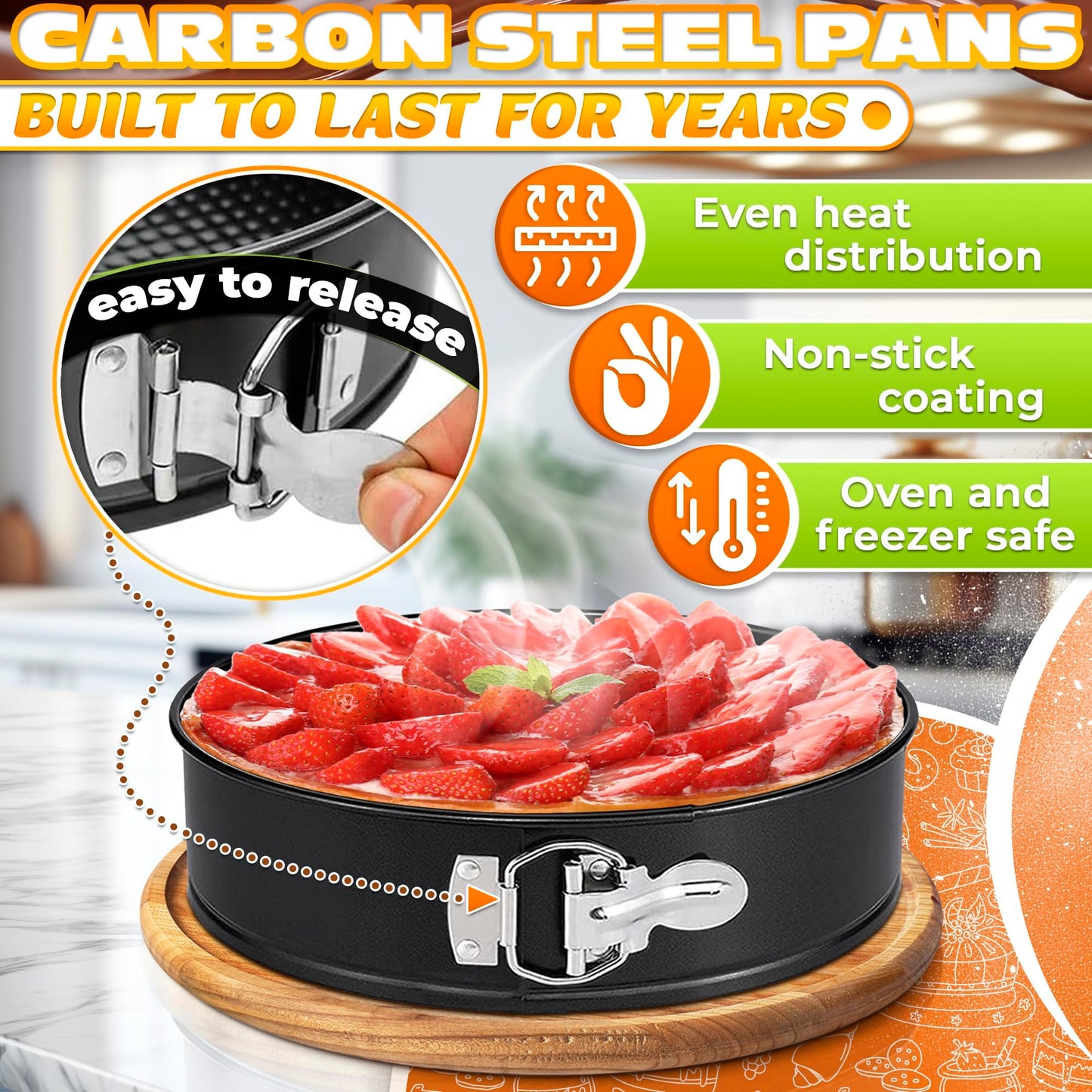 Spring Form Pan for Cheesecake - Leak Resistant Springform Pan Set, Easy-Open Latch, Removable Bottom, Clean Release, Nonstick Round Cake Pans Set, 60 Parchment Liners, Great as Kitchen Gifts for Mom