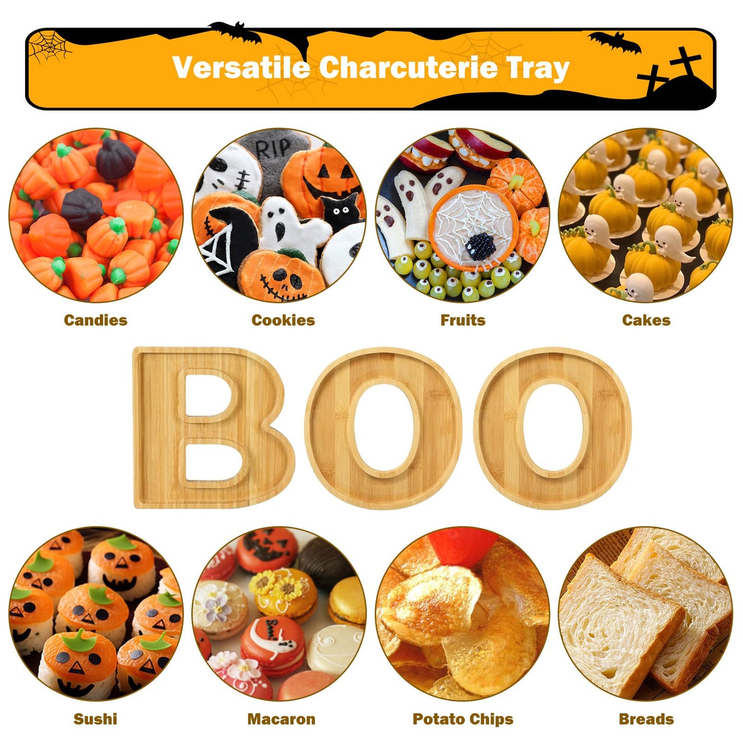 Charcuterie Board,3PCS Boo Serving Food Tray,Bamboo Wood Letter Cheese Board Platter,Christmas Party Table Decorations Serving Dishes for Kitchen Candy Cookie