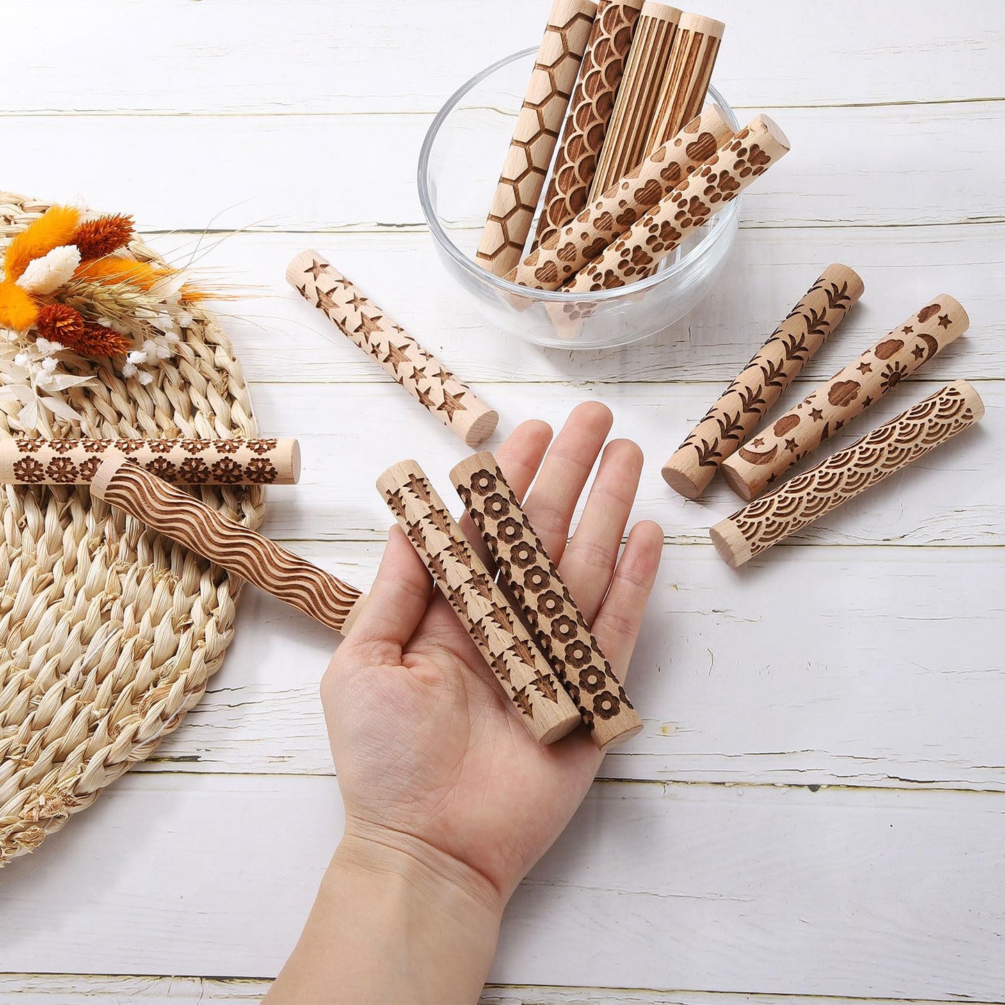 HARFINGTON 5pcs Wood Clay Roller 4" Star Pattern Rolling Pins Wood Rollers Pottery Tools Wood Grain Texture Rollers for Clay Baking Dough Playdough DIY