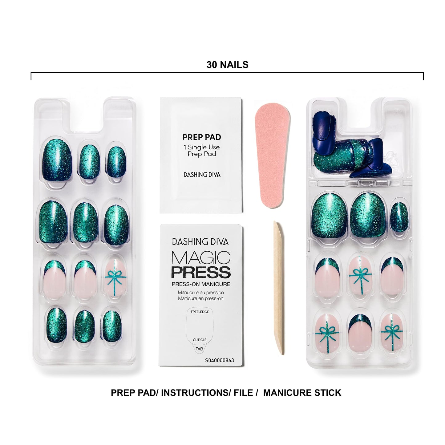 Dashing Diva Magic Press Magnetic Nail Set - Bow Down - Medium Almond Press Ons - Long Lasting Gel - Lasts Up to 10 Days - Gel Set - 4-Piece Manicure Kit with 30 Nails
