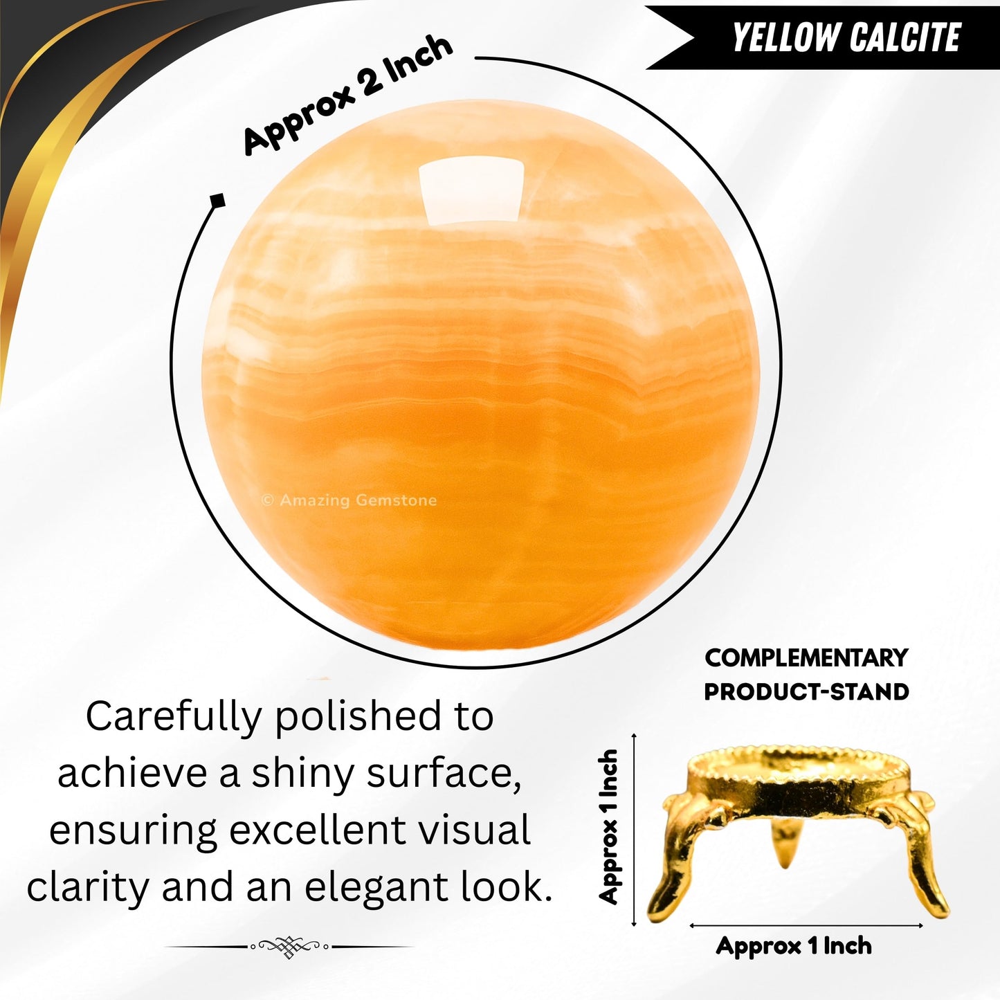 Amazing Gemstone Yellow Calcite Banded Crystal Ball with Stand - 2 Inches Crystal Sphere Meditation Balls for Witchcraft and Decorative Balls
