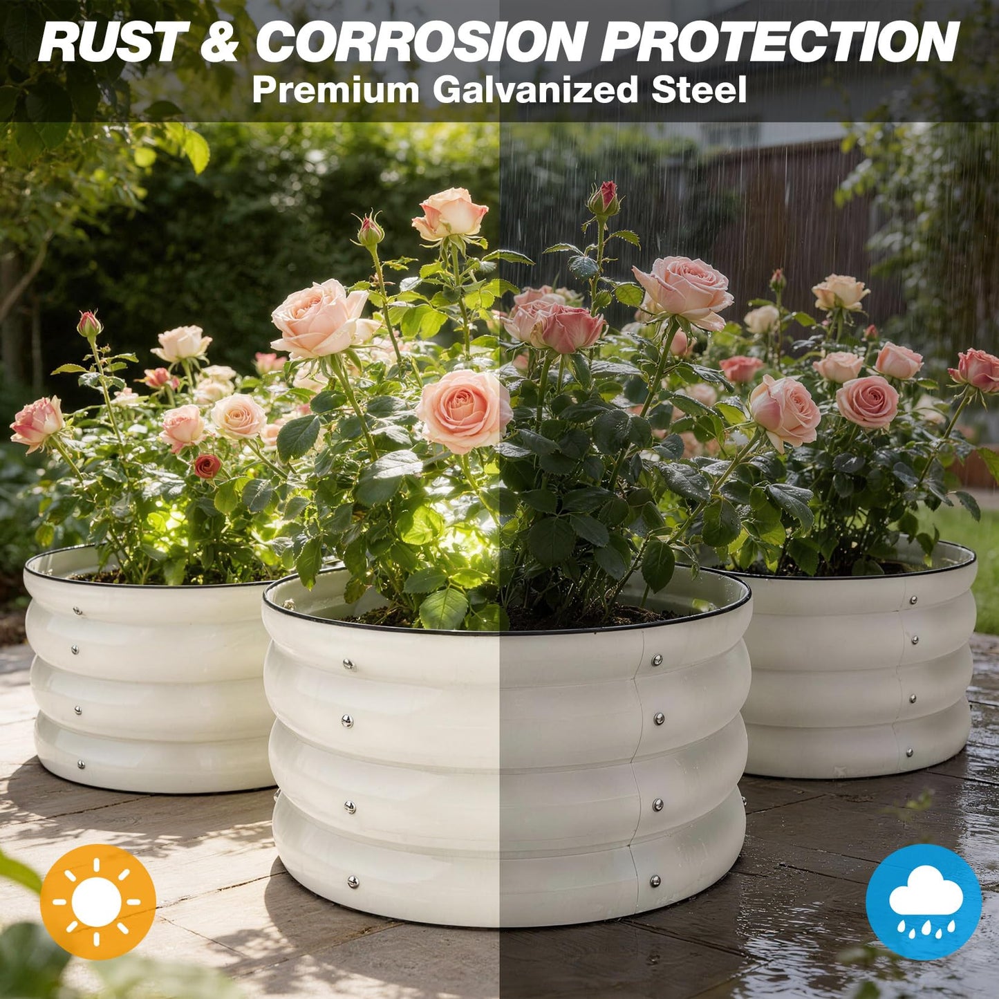 SHALL 8PC Galvanized Raised Garden Bed Kit, 3Pc 2x2x1ft Round Planter Boxes Outdoor W/Mini Seed Spreader, Disk Seeder, 2X Seeding Transplanters, Protective Gloves for Flowers Fruits Vegetables Herbs