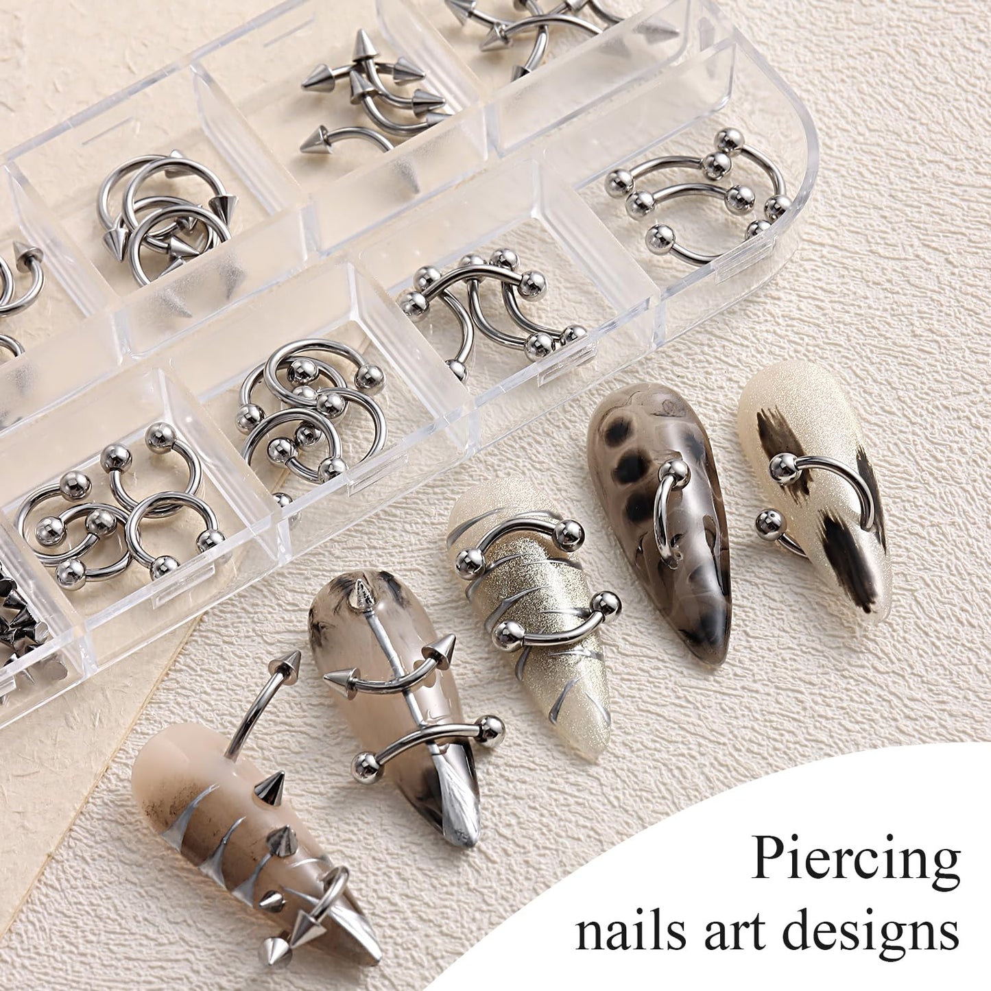 Furtherpretty Piercing Nail Charms Set, 3D Silver Alloy Goth Punk Nail Art Decorations, Triangle Spike Rivets & Metal Rings, Y2K Pierced Nail Charms for DIY Manicure & Salon Accessories