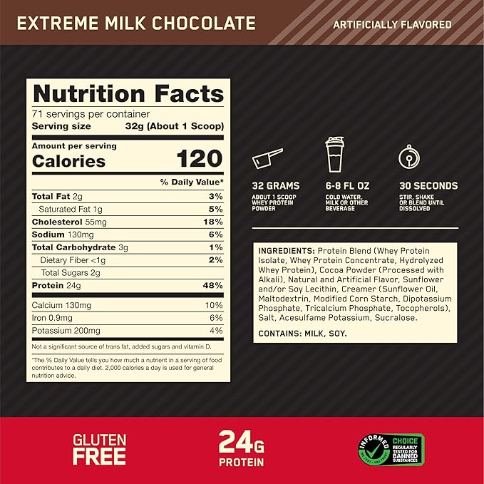 Optimum Nutrition Gold Standard 100% Whey Protein Powder, Extreme Milk Chocolate, 5 Pound (Packaging May Vary)