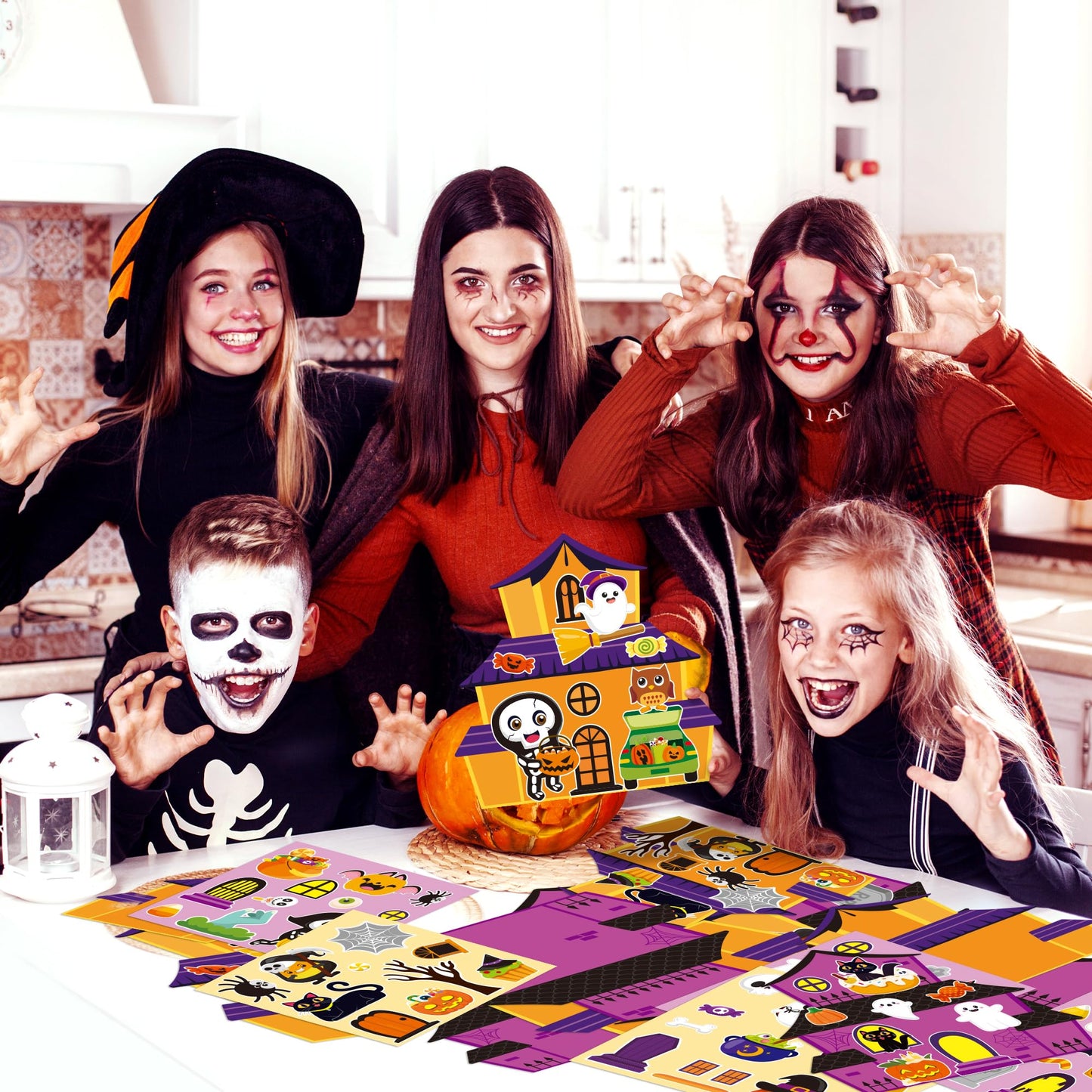 CY2SIDE Halloween Haunted House Stickers - 24 Set Make A Haunted House Craft Kits for Kids, DIY Halloween House Scene With Witch Sticker, Class Activity