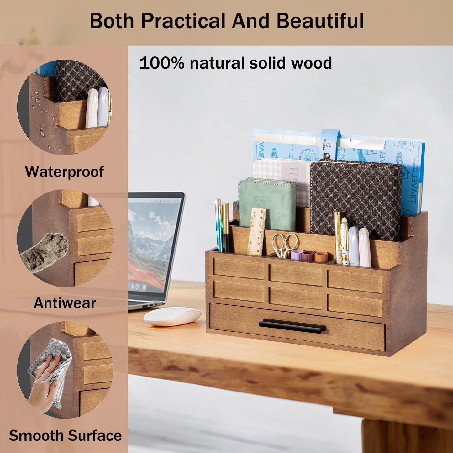 dreampossible Brown Wood Desk Organizer and Accessories with Drawer, Bill Mail Organizer and File Mail Holder for Office Supplies, Rustic Desk Accessories & Workspace Organizers