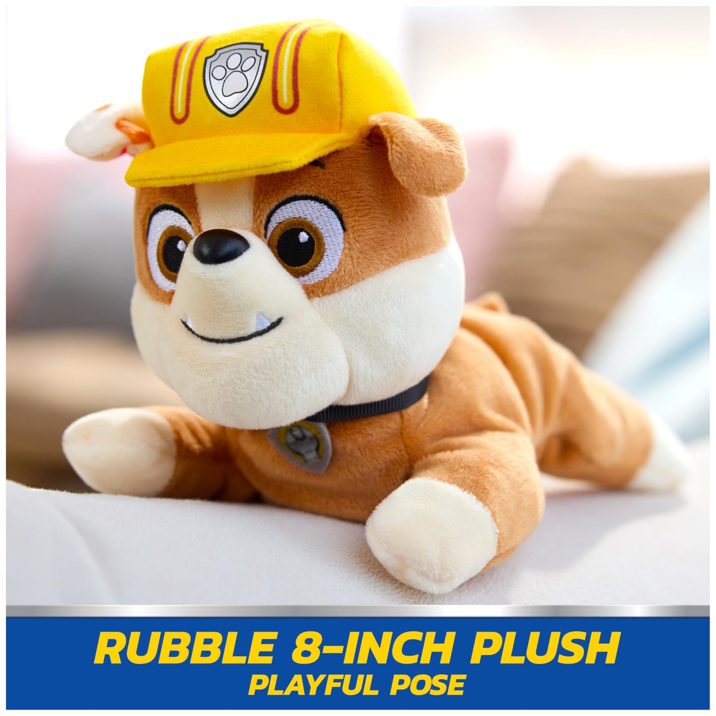 Paw Patrol GUND Rubble Plush, Official Lounging Rubble Plush Toy, Weighted Stuffed Animal, Sensory Toy for Ages 1 and Up, 8”
