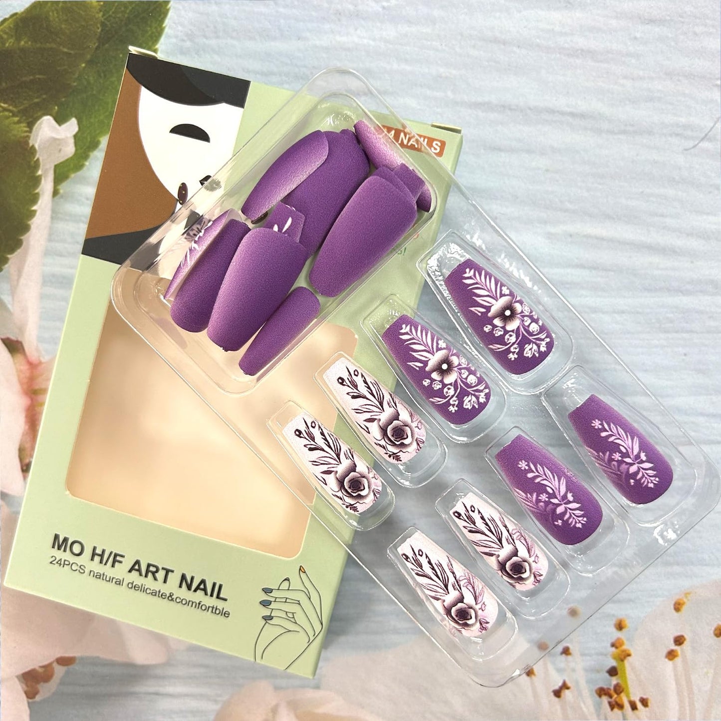 24Pcs Purple Press on Nails Medium Ballet Shaped Flower 3D Pattern Design Full Cover Frosted Acrylic False Nail Press Ons Artificial Fingernails Medium Stick on Nail DIY Glue on Nails for Women