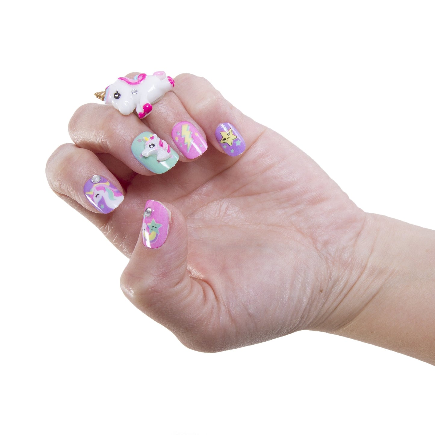 Hot Focus Unicorn Nail Art Kit - 3D Press On Nails, Stickers, File & Ring - 65 Piece Set for Girls 5+