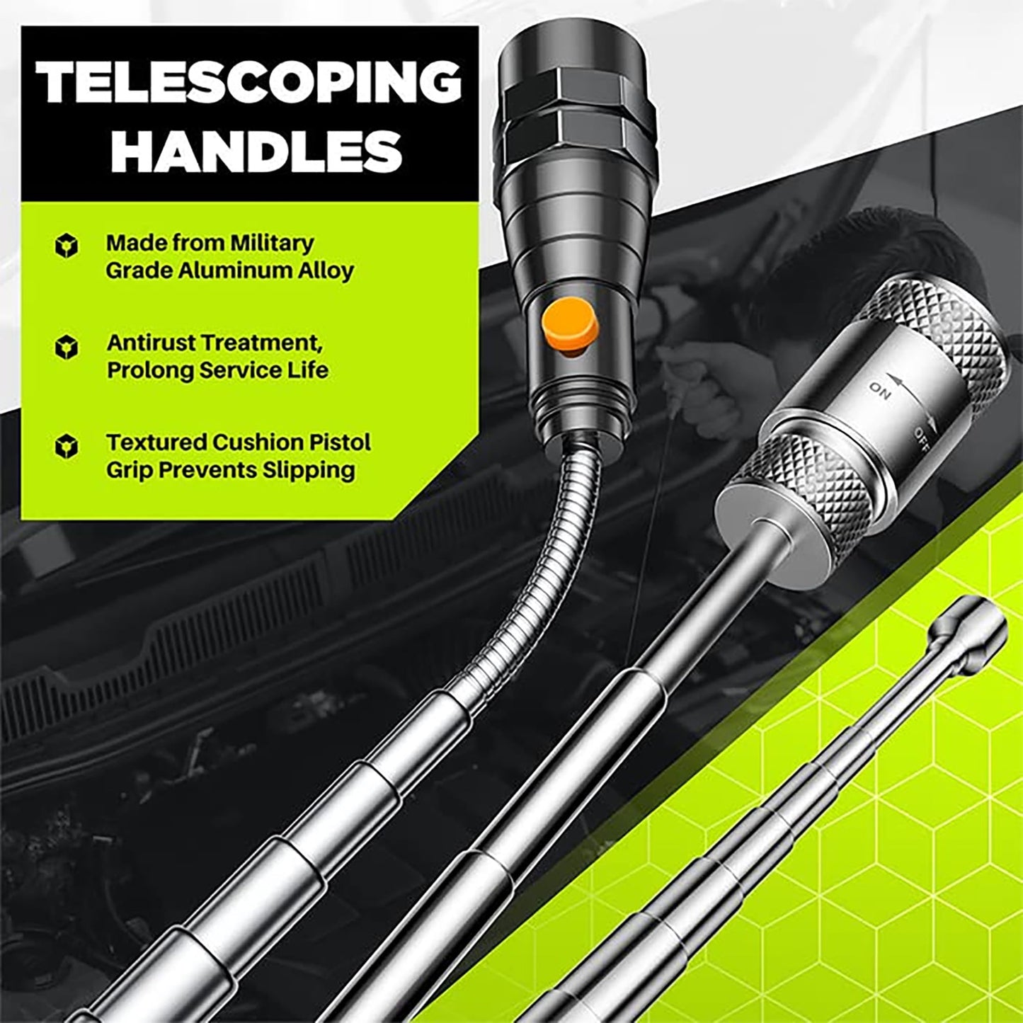 Telescoping Magnetic Pickup Tool Set, Inspection Mirror Telescoping, LED Flashlight, Cool Gadgets for Men, Stocking Stuffers, Gifts for Dad, Husband, Kids, Boyfriend, Magnet Stick (Yellow)