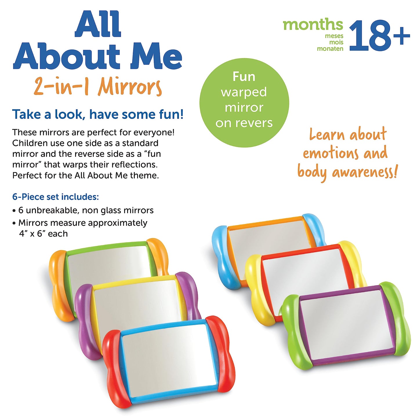 Learning Resources All About Me 2 in 1 Mirrors - 6 Pieces, Ages 18+ months Toddler Social Emotional Learning Toys, Mirror for Kids