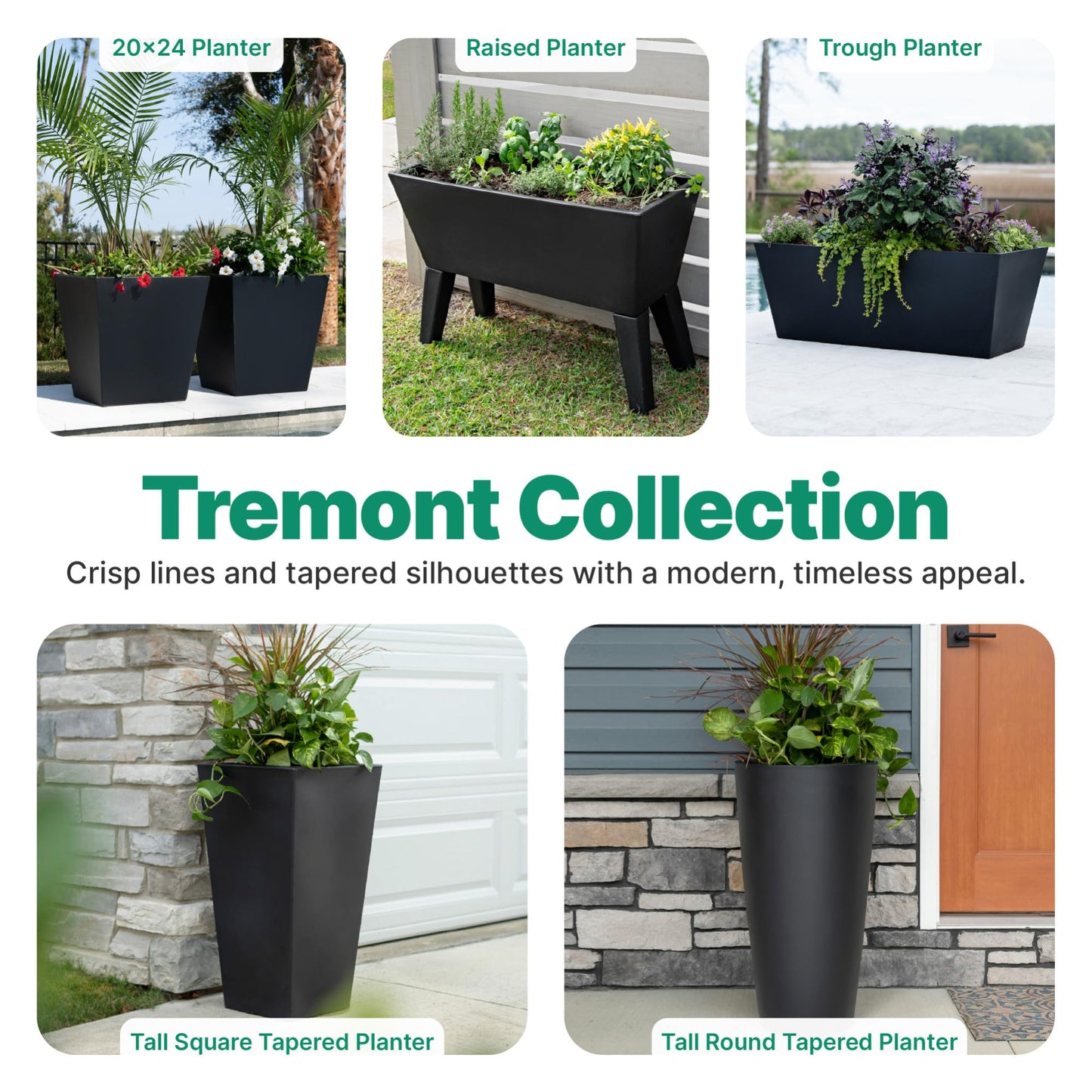 Step2 Tremont Short Square Planter 2 Pack, 14" Tall, Indoor/Outdoor Plants, Efficient Drainage, Durable Resin, Onyx Black