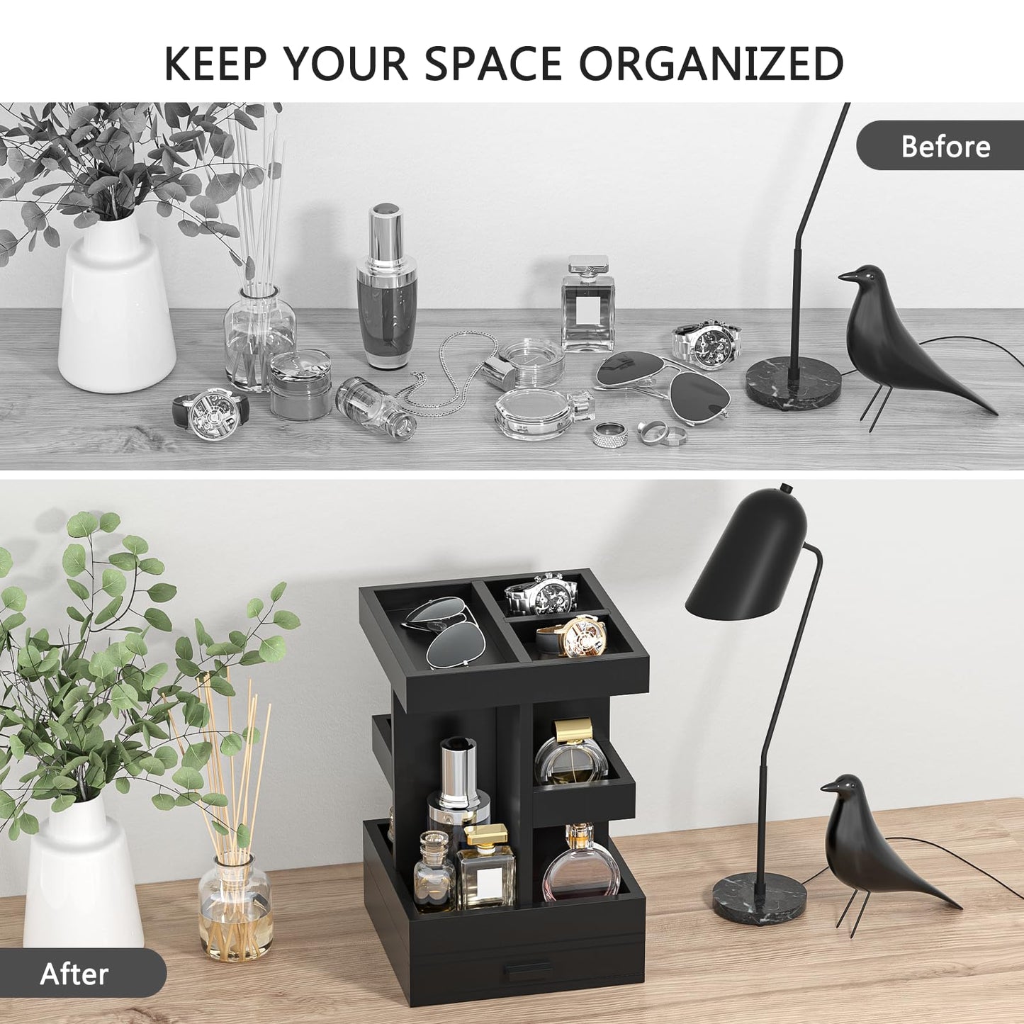 Cologne Organizer for Men, Cologne Stand, 3 Tier Wooden Perfume Organizer, Rotating Mens Cologne Shelf with Drawer, Fragrance Display Holder Desk Organizer, Gift Ideas for Men Him Dad Husband