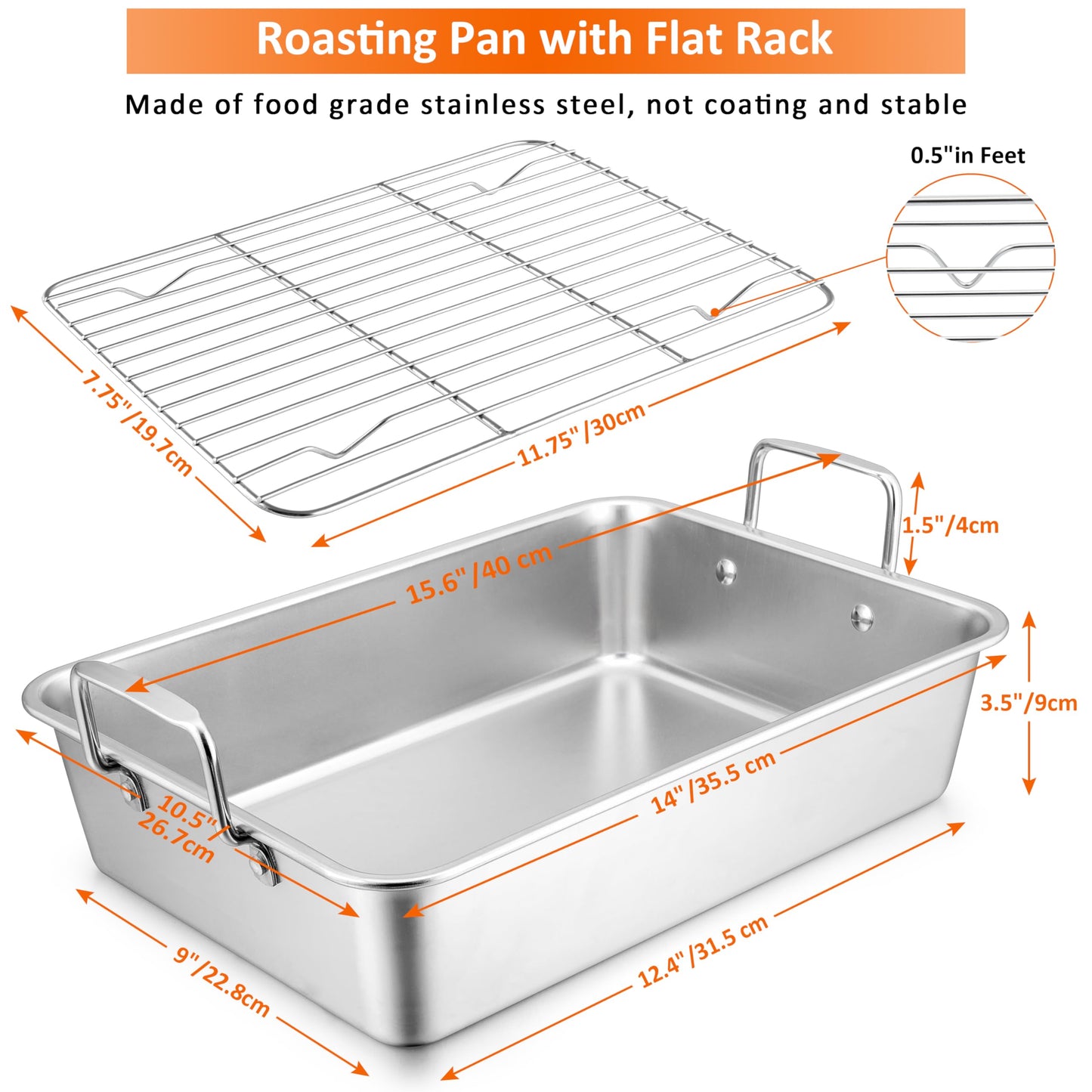 14 Inch Roasting Pan with Rack, Leonyo Large Turkey Roasting Pan, Stainless Steel Roaster Pan with Wire Rack Non Stick Baking Pans for Cooking Ham, Chicken, Cake, Lasagna, Casserole