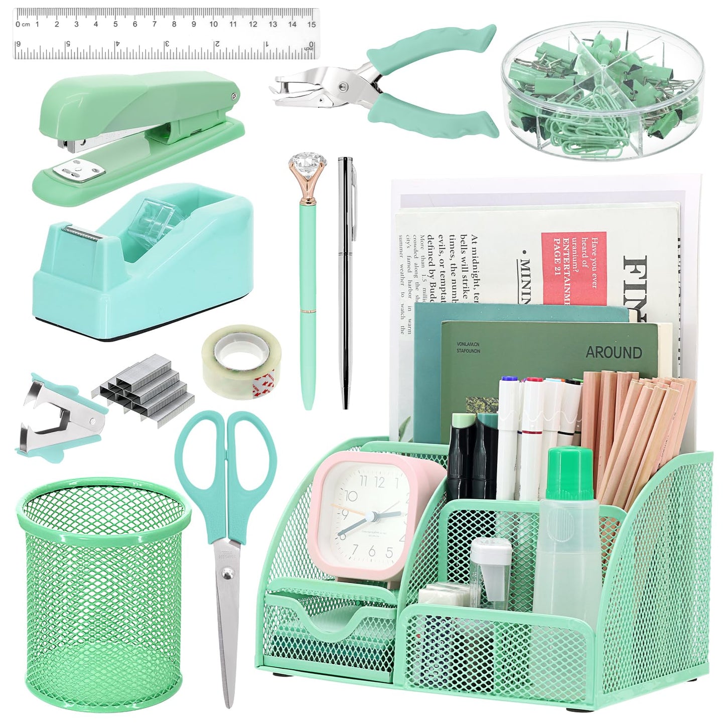 13-in-1 Office Desk Organizer Set with Stapler and Tape Dispenser, Pen Holder, Scissors, Ruler, Hole Punch, 2 Pens & More Desktop Accessories for Back to School Supplies (Green)