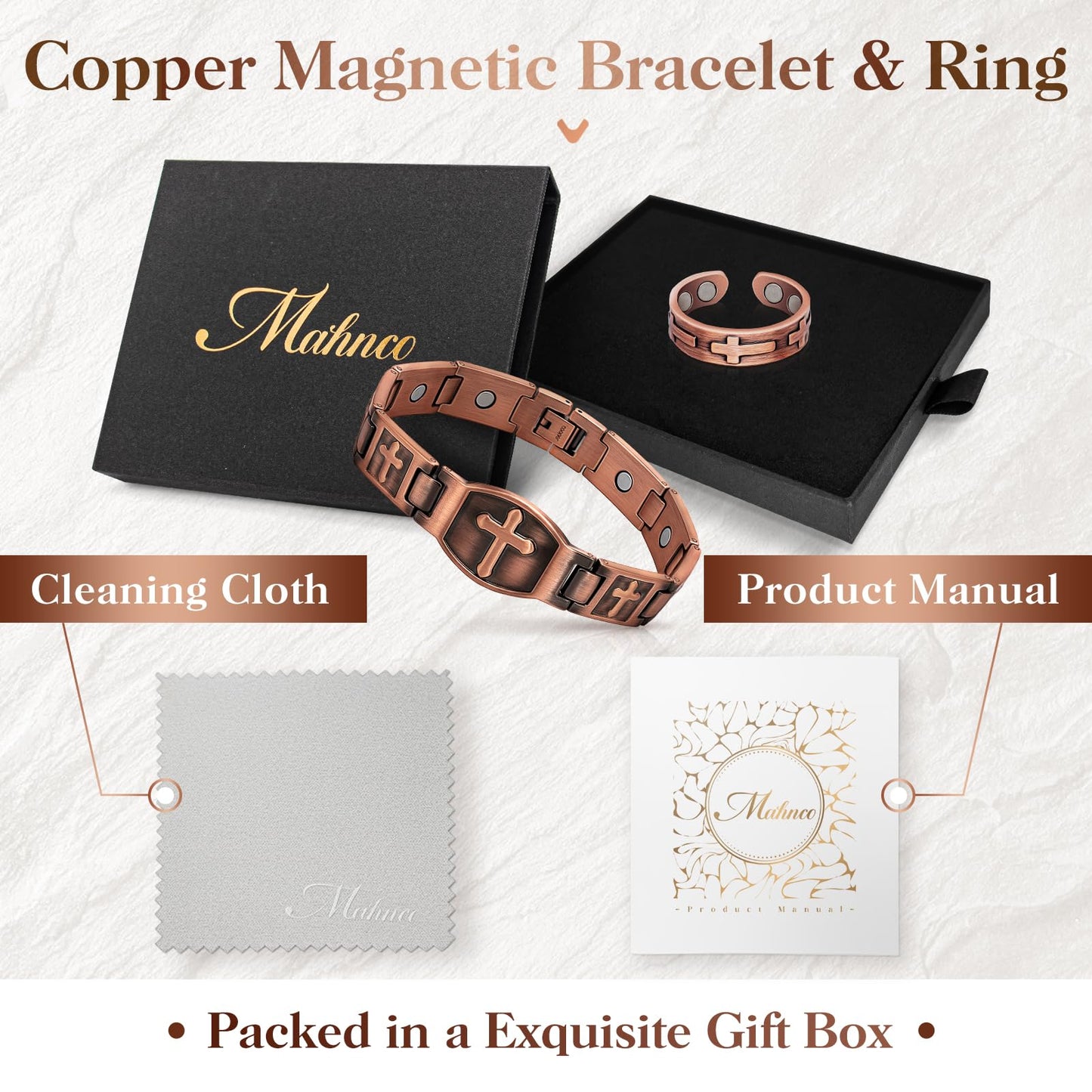 Mahnco Copper Bracelet for Men Ultra Strength Magnets Cross Bracelets for Men Pure Copper Magnetic Bracelet & Ring, Jewelry Gift with Sizing Tool