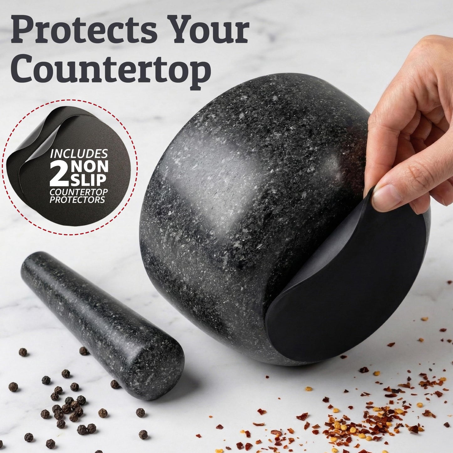 Priority Chef Heavy Duty Mortar and Pestle Set, 1.5 Cup, 100% Granite, Non Slip Base, Make Fresh Guacamole, Salsa, Pesto, Stone Grinder Bowl, Herb Crusher, Spice Grinder, 5.5 Inch - Black