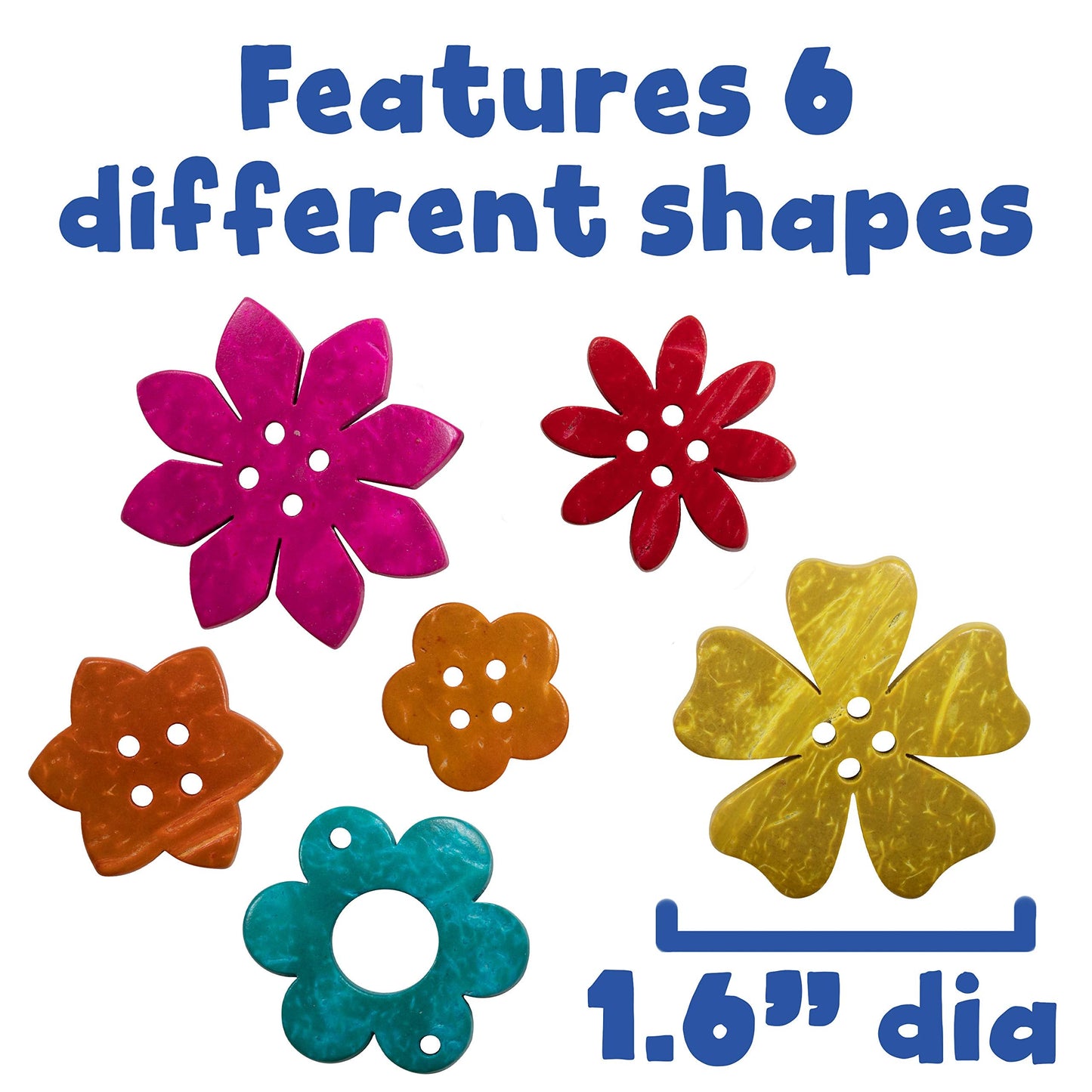 READY 2 LEARN Coconut Flowers - Set of 50-6 Shapes - 5 Colors - Natural, Hand Made Counters for Kids - Use for Crafts and Jewlry Making