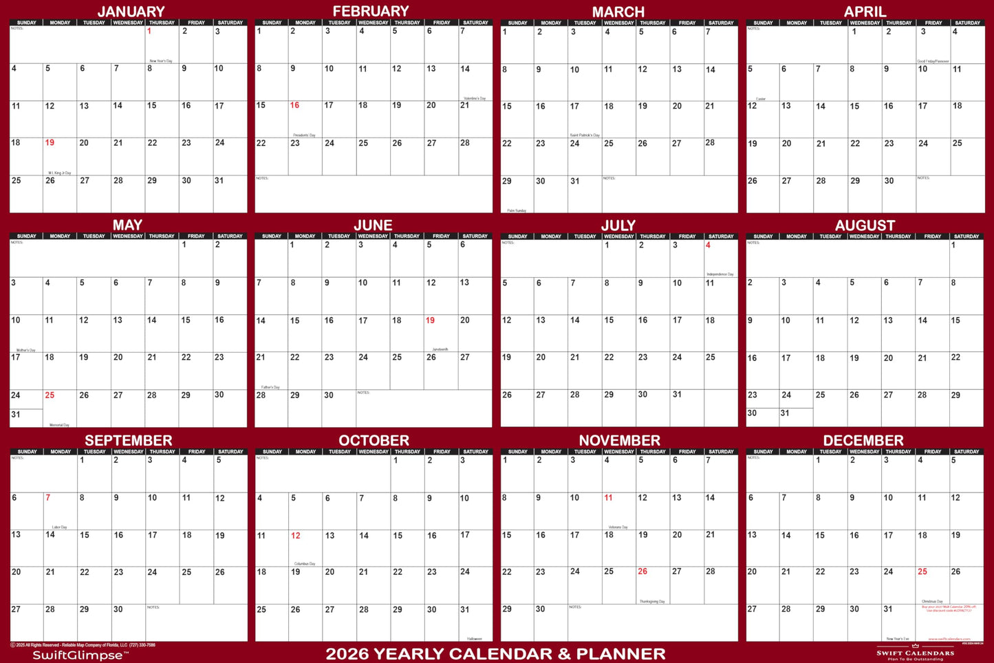 32" x 48" SwiftGlimpse 2026 Wall Calendar Erasable Jumbo XL Wet & Dry Erase Laminated 12 Month Annual Yearly Wall Planner, Reversible, Horizontal/Vertical, Maroon