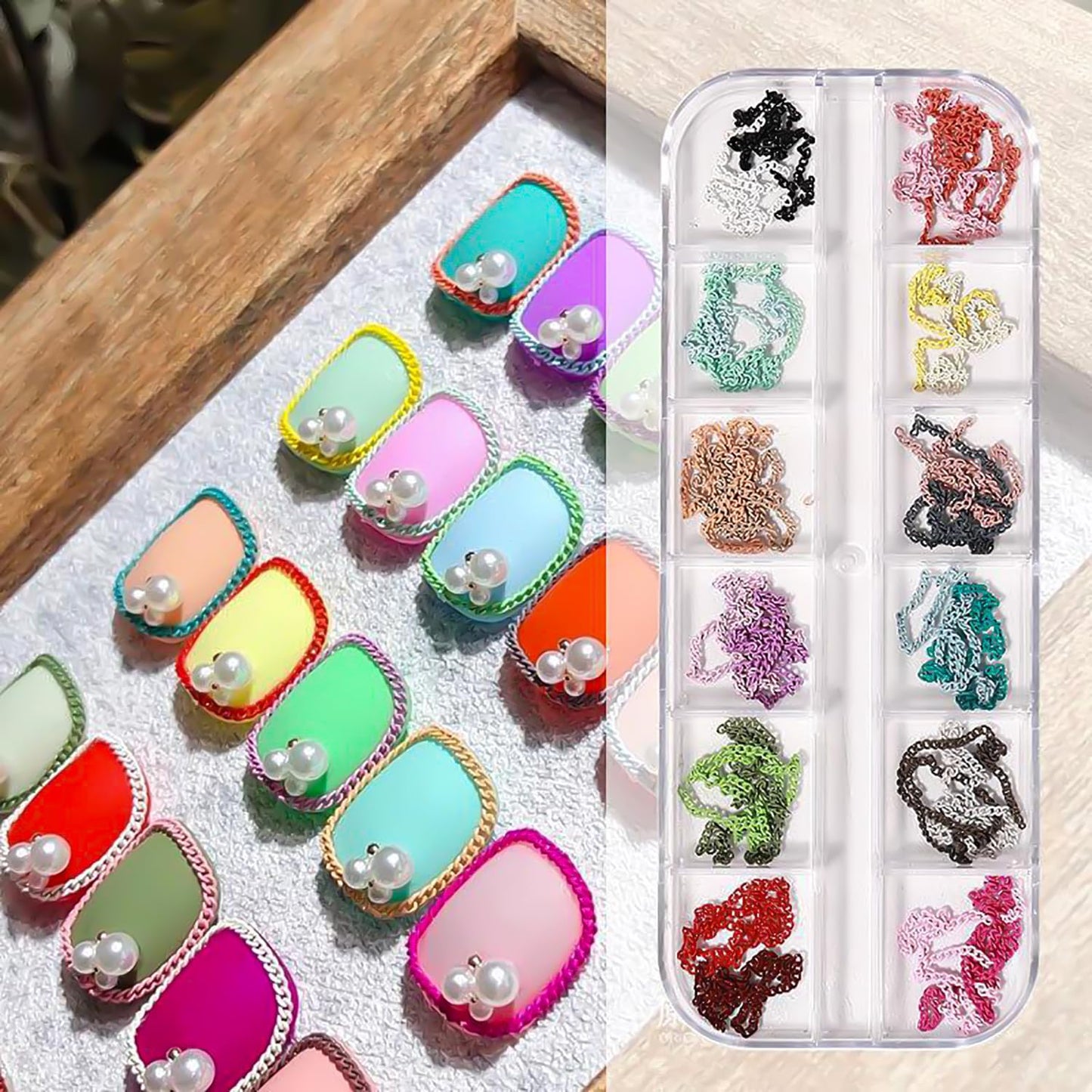 JERCLITY 2 Boxes - 36 Strips Multi-Color and Gold Metal 3D Nail Chains for Nail Art - Punk Nail Charms, Colorful Chains for Nails