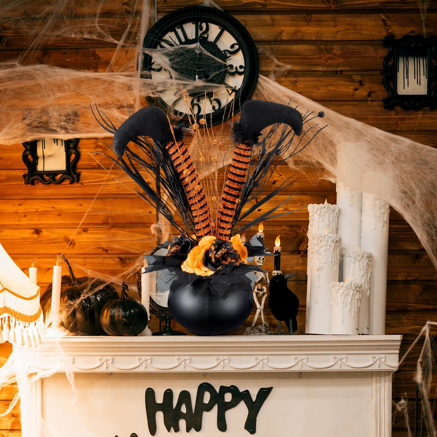 Amyhill Halloween Decoration Table Artificial Flower Glitter Halloween Witch Boot Tabletop Decor Centerpieces Cauldrons Fake Flowers Halloween House Haunted Decor for Home Party Decor 13 x15.7 Inches