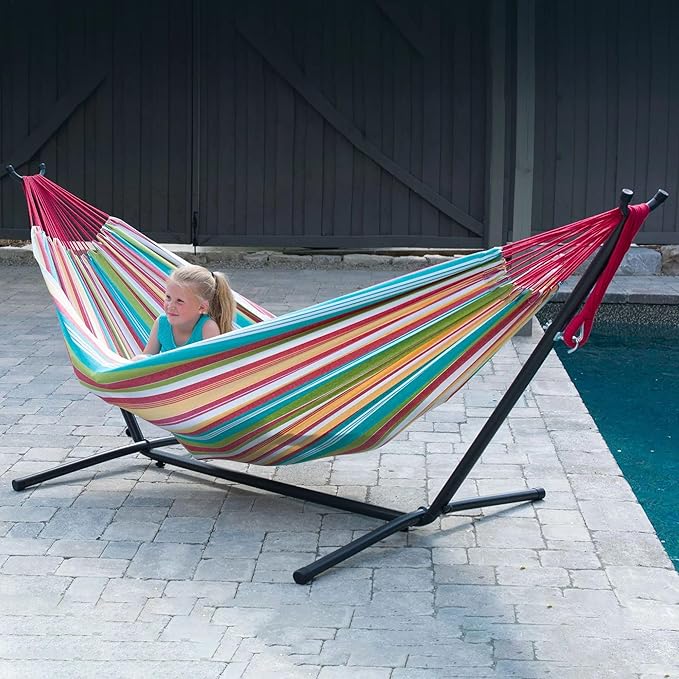 Vivere Double Cotton Hammock with Space Saving Steel Stand, Upgraded Polyester End Strings 450 lb Capacity - Premium Carry Bag Included - USA Grown Cotton (Salsa)
