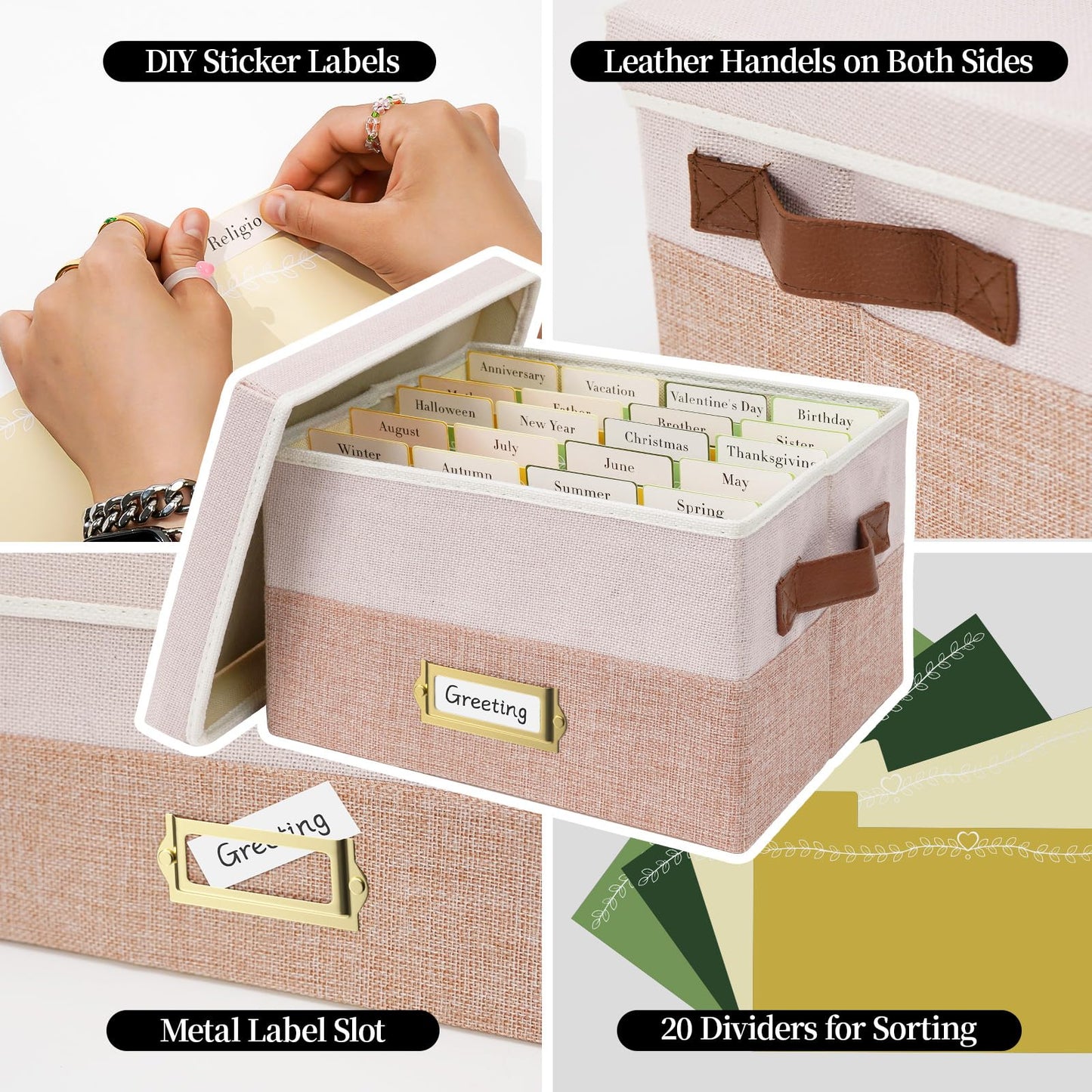 Vienrose Greeting Card Organizer Box with 20 Removable Dividers, 84 Self-Adhesive Labels, Foldable Storage Box Great for Greeting Cards, Photos, Envelopes, Stickers, Postcards Light Pink&Lotus