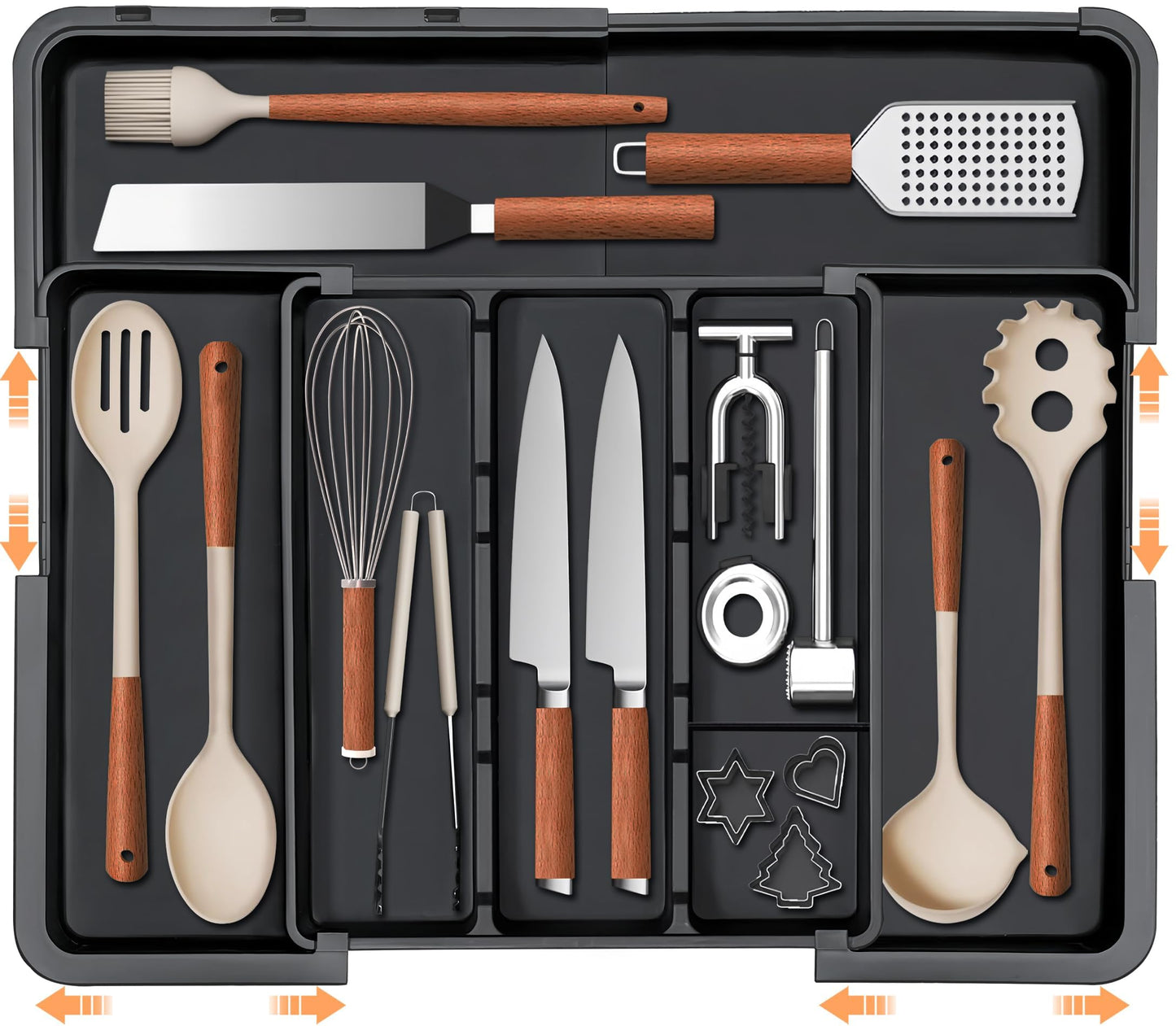Spaclear Large Utensil Drawer Organizer Expandable Silverware Organizer for Kitchen Drawer Adjustable Cooking Utensil Holder Cutlery Flatware Tray Spatula Tools Gadgets Storage Dividers Plastic Black