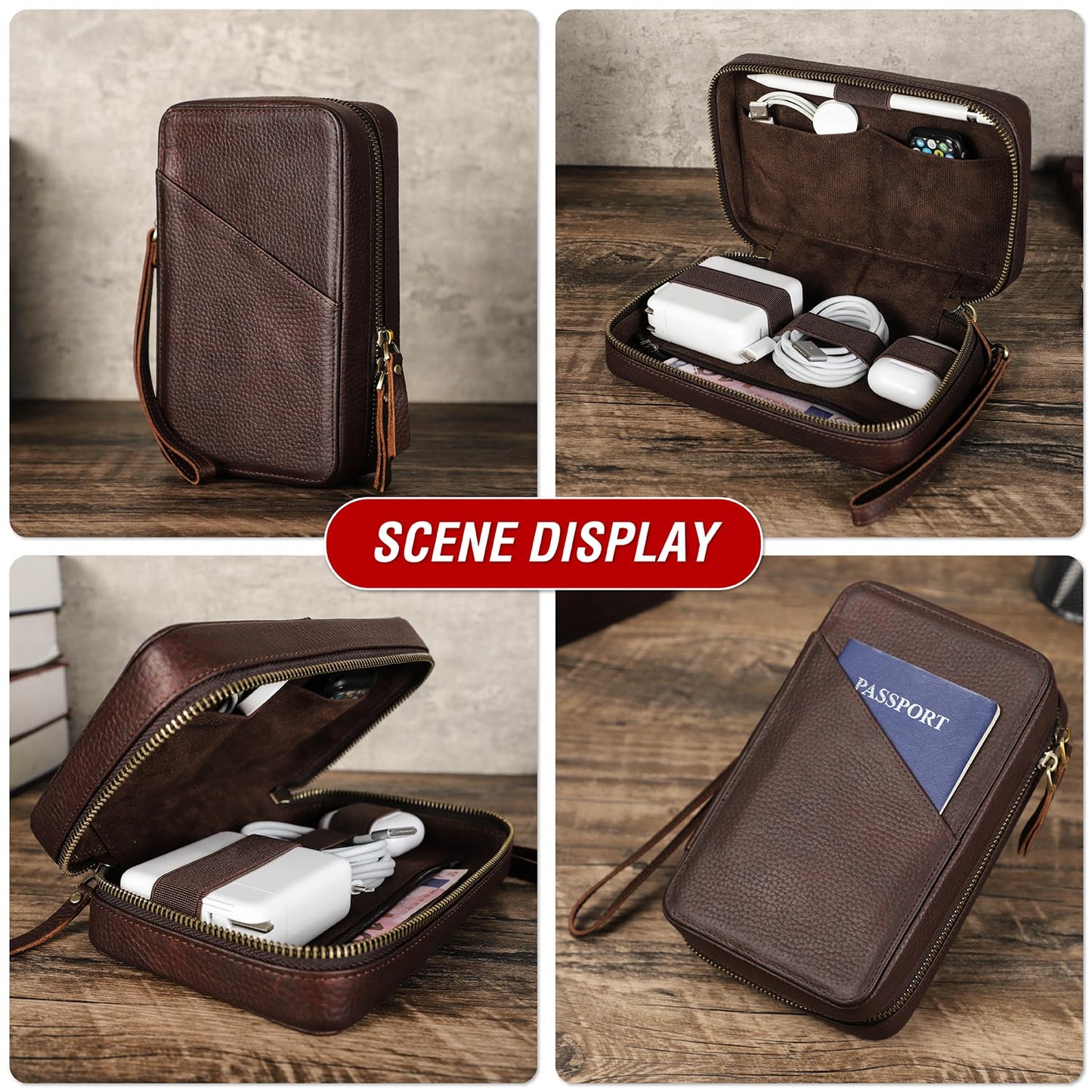 CataPurus Electronic Organizer Case Tech Kit, Top Grain Leather Handmade, Portable Compact Travel Electronic Accessories Storage Case Fits Phone, USB Cables, Chargers, Hard Drive, Cards, Apple pencil