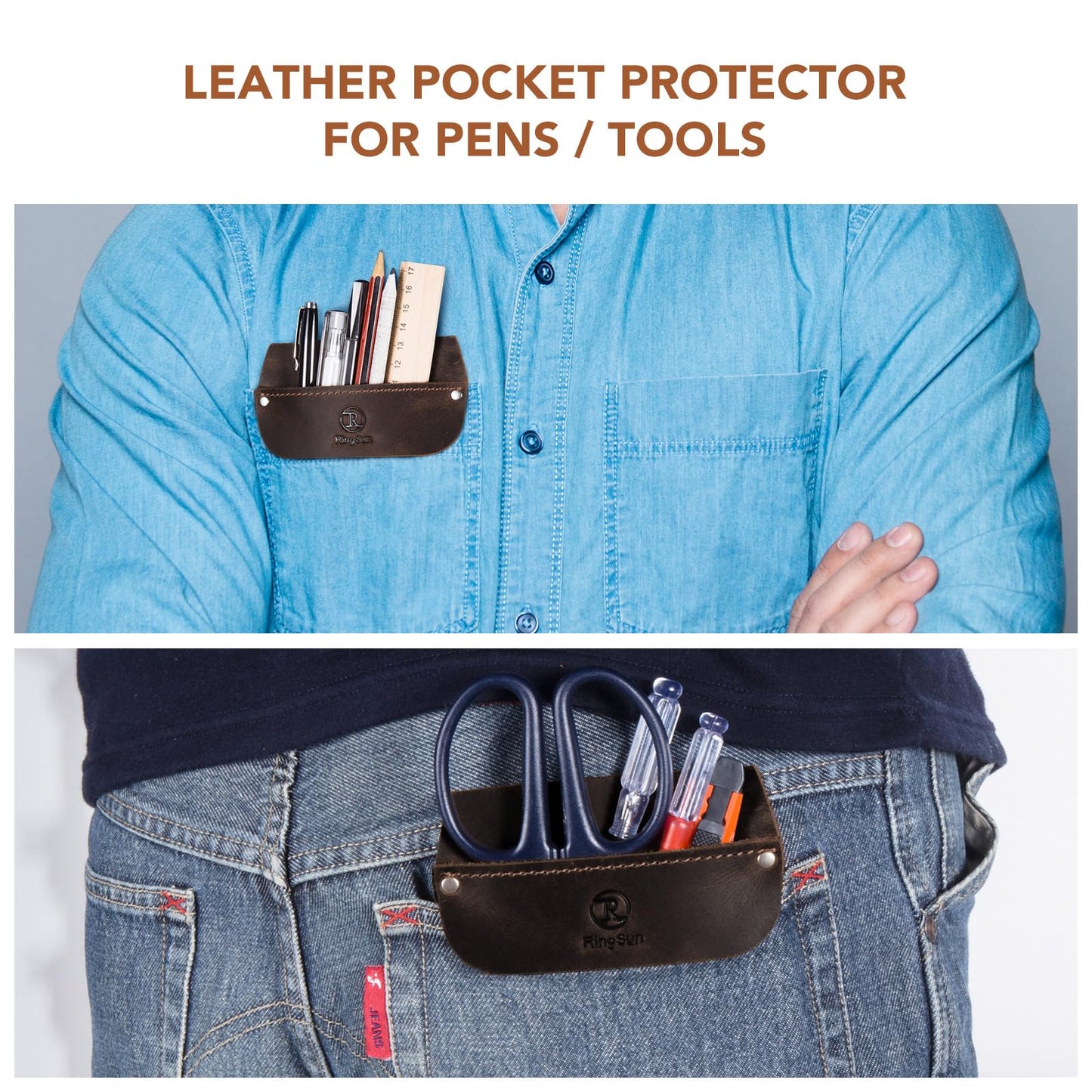 RingSun Genuine Leather Pocket Protector for Men, Durable Pocket Tool Pouch, Jeans Shirts Pocket Protector for Tools Pens
