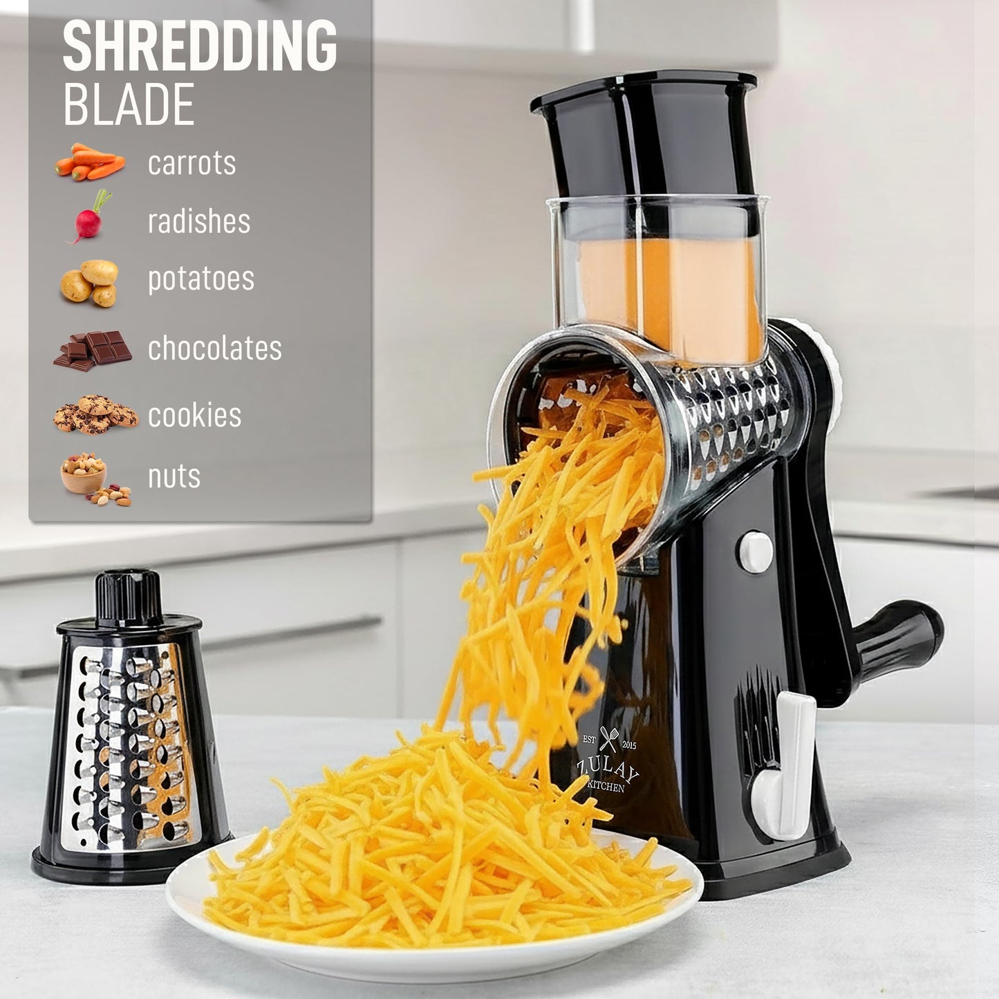 Zulay Kitchen Rotary Cheese Grater 5 Blade Cheese Shredder - Manual Hand Crank Cheese Grater With Reinforced Suction & 5 Interchangeable Drums - Easy to Use, Vegetable Chopper Round Mandoline Slicer