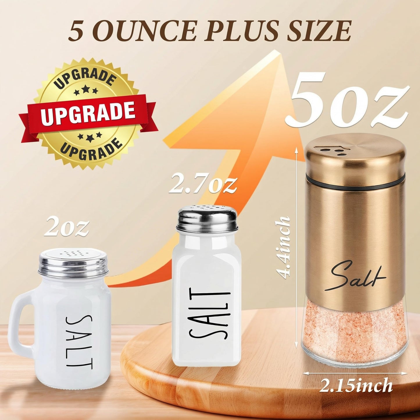 Gold Salt and Pepper Shakers Set, 5 oz Modern Farmhouse Kitchen Decor and Accessories for Restaurant, Wedding, Housewarming Gifts Refillable Design (Gold)