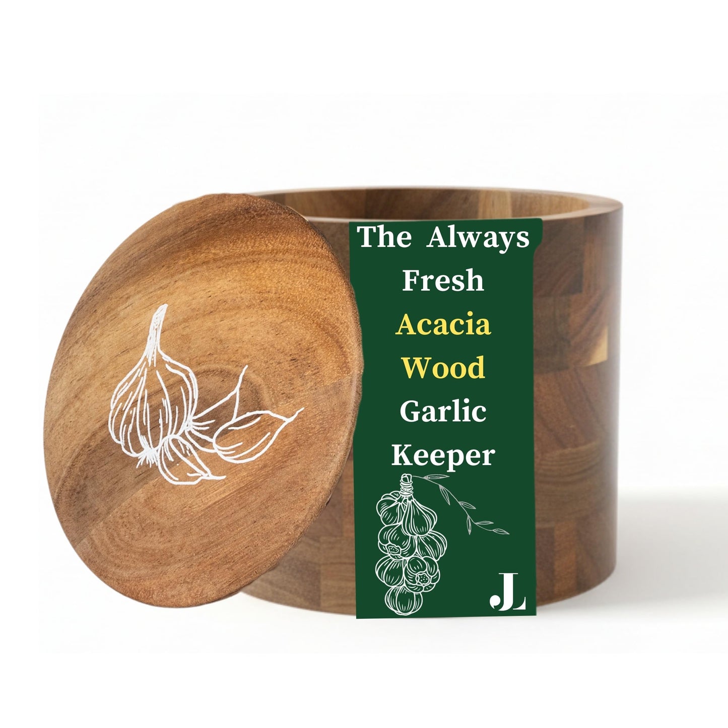 Jean Lemond Introducing The Always Fresh Acacia Garlic Keeper For Counter. A Crafted Small / Regular Garlic Storage Jar. A Rustic Garlic Holder Container Pot Saver With Lid. (Regular (Fits 3 Bulbs))