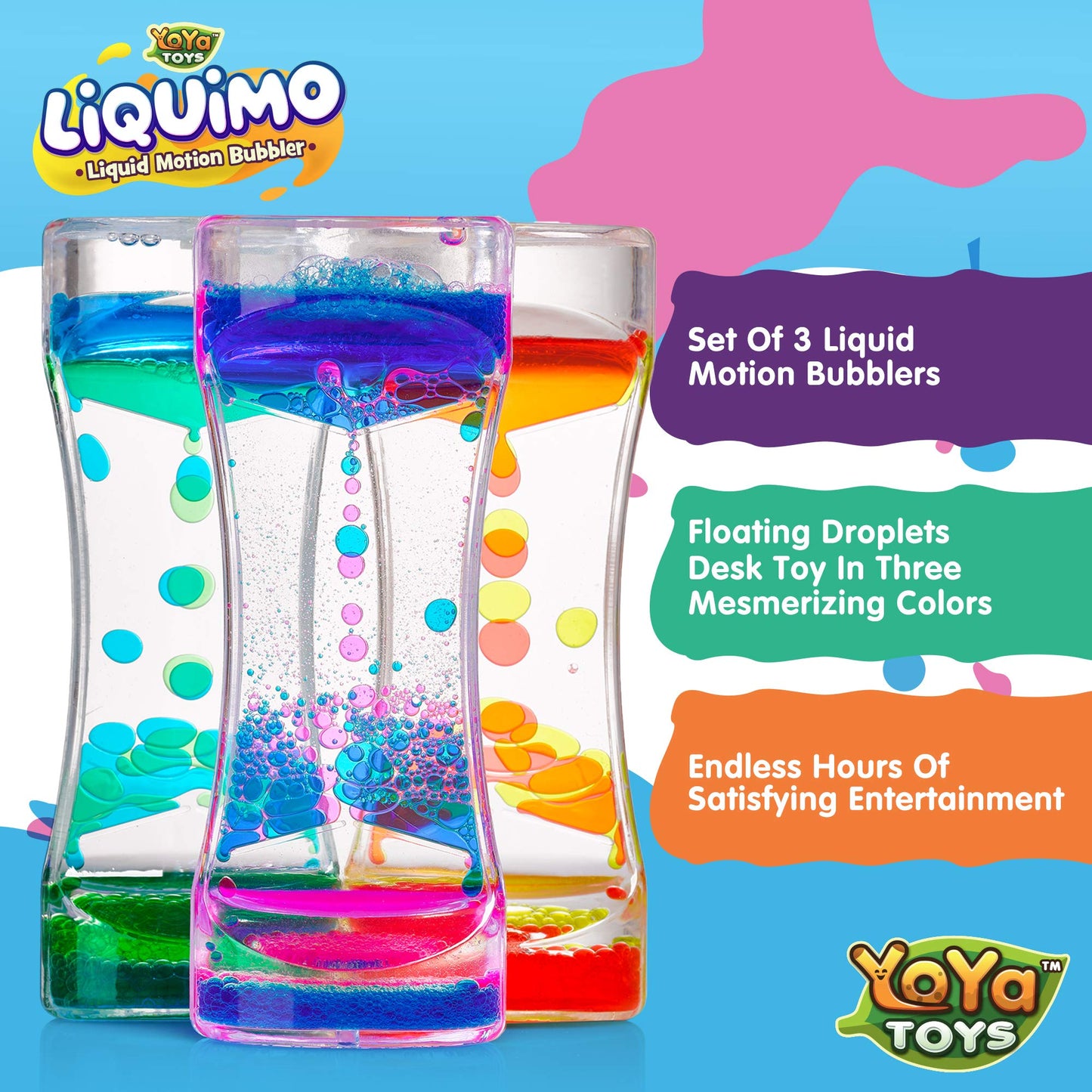 YoYa Toys Liquimo - Liquid Motion Bubbler - 3 Pack - Sensory Fidget Desk Toy for Kids & Adults - Relaxing Hourglass Timer Tubes - Calming Visual Play for School, Home, Office, Stress Relief and Focus