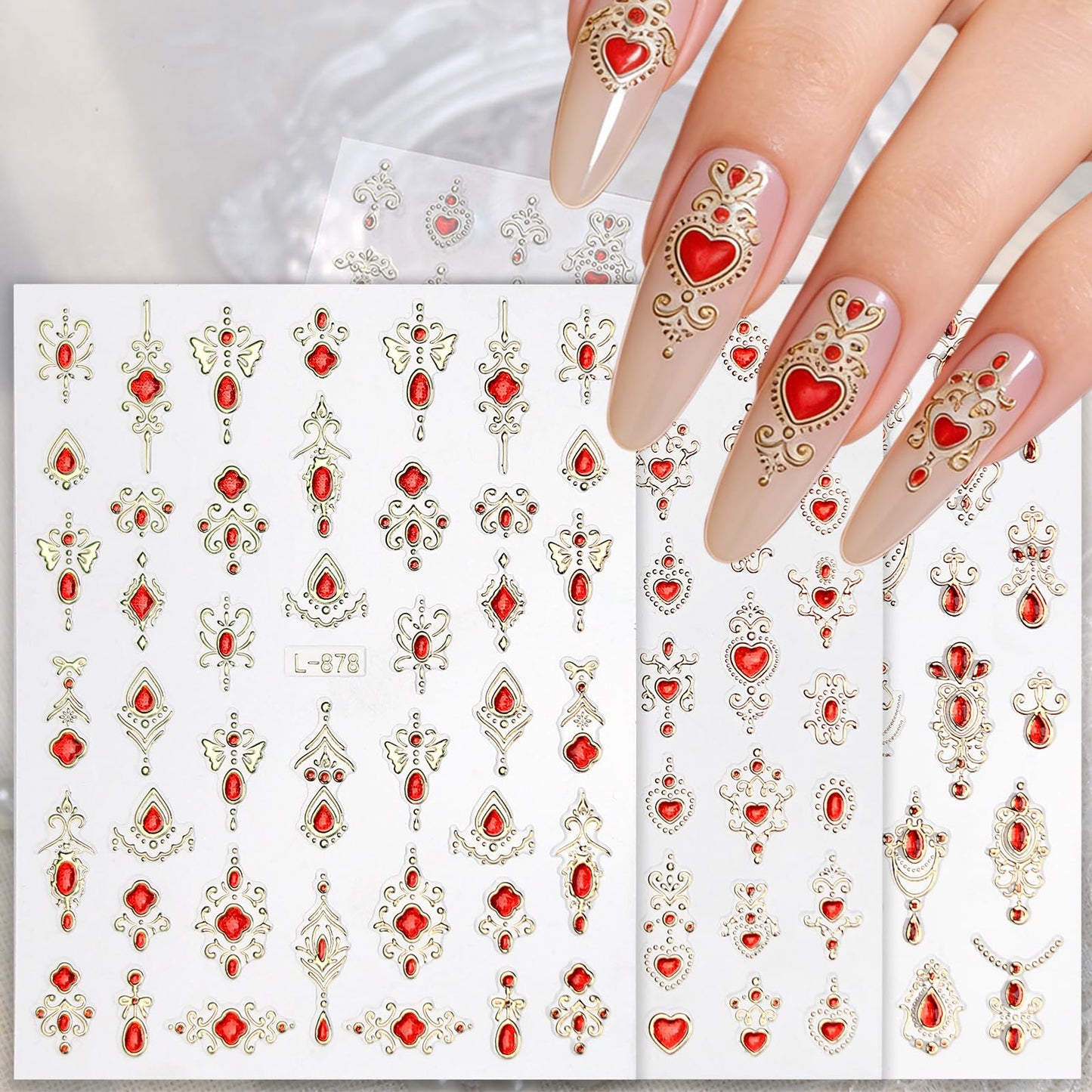 Gem Pattern Nail Art Stickers, 3D Embossed Retro Nail Decals, Self Adhesive Baroque Nails Decoration Supplies for Women Nails Design(Red Gem-6 Sheets)