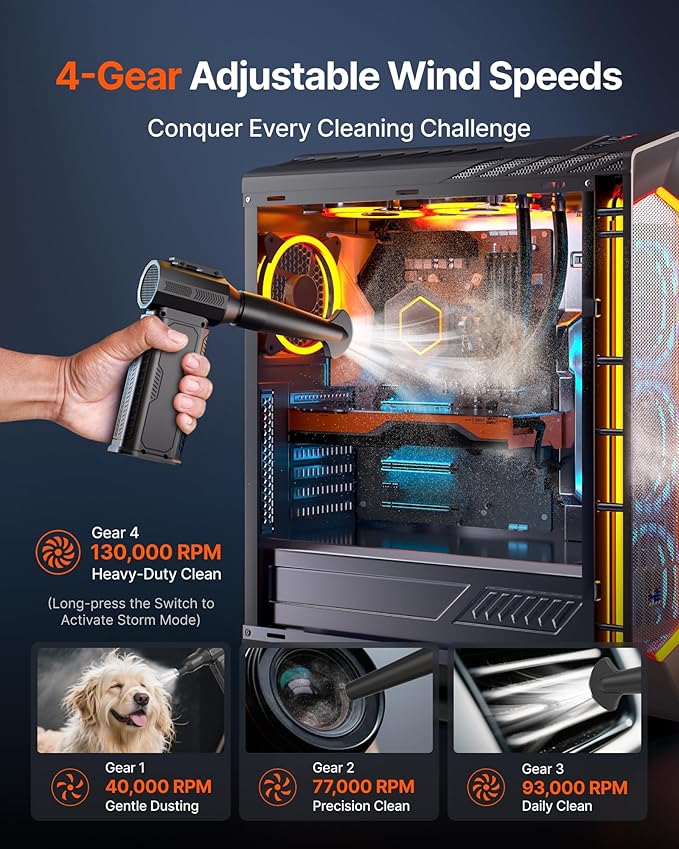 ZOAIVR Compressed Air Duster, 130,000RPM Ultra-Powerful Cordless Electric Air Duster with 8000mAh Rechargeable Battery, 4-Gear Adjustable Air Blower for Keyboard, Computer, Car, Home Cleaning