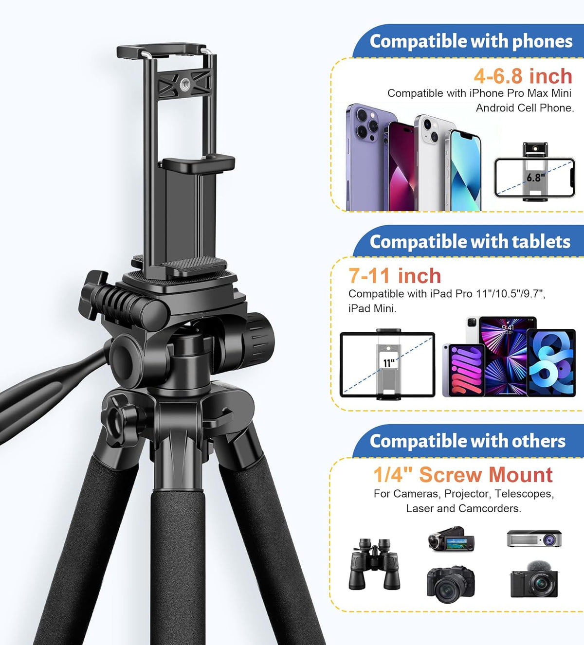 JOILCAN Tripod for Camera, 67" Heavy Duty Camera Tripod, Phone Tripods for Video Recording Photo Vlog, Aluminum Tripods with Holder & Travel Bag for Cameras DSLR iPhone Projector Laser