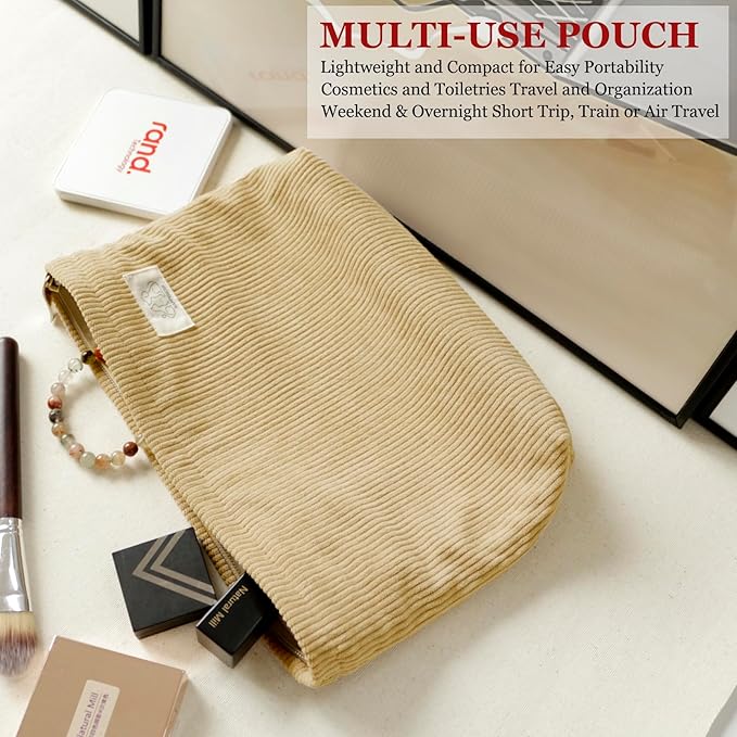 HAPPYHEIDI Cute Corduroy Pouch Makeup Bag Cosmetic Toiletry Travel, Tote Purse Organizer, Machine Washable, Large Capacity, Camel Yellow Brown