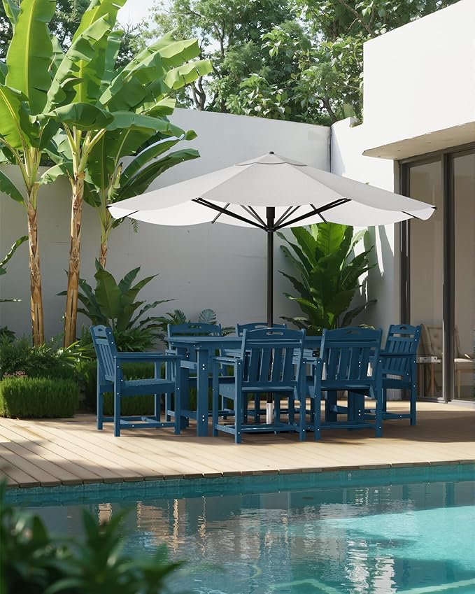Outdoor Rectangle Dining Table, Heavy-Duty HDPE Table for 6, Weatherproof Patio Table with Umbrella Hole, Rounded Corners for Safety, Navy Blue