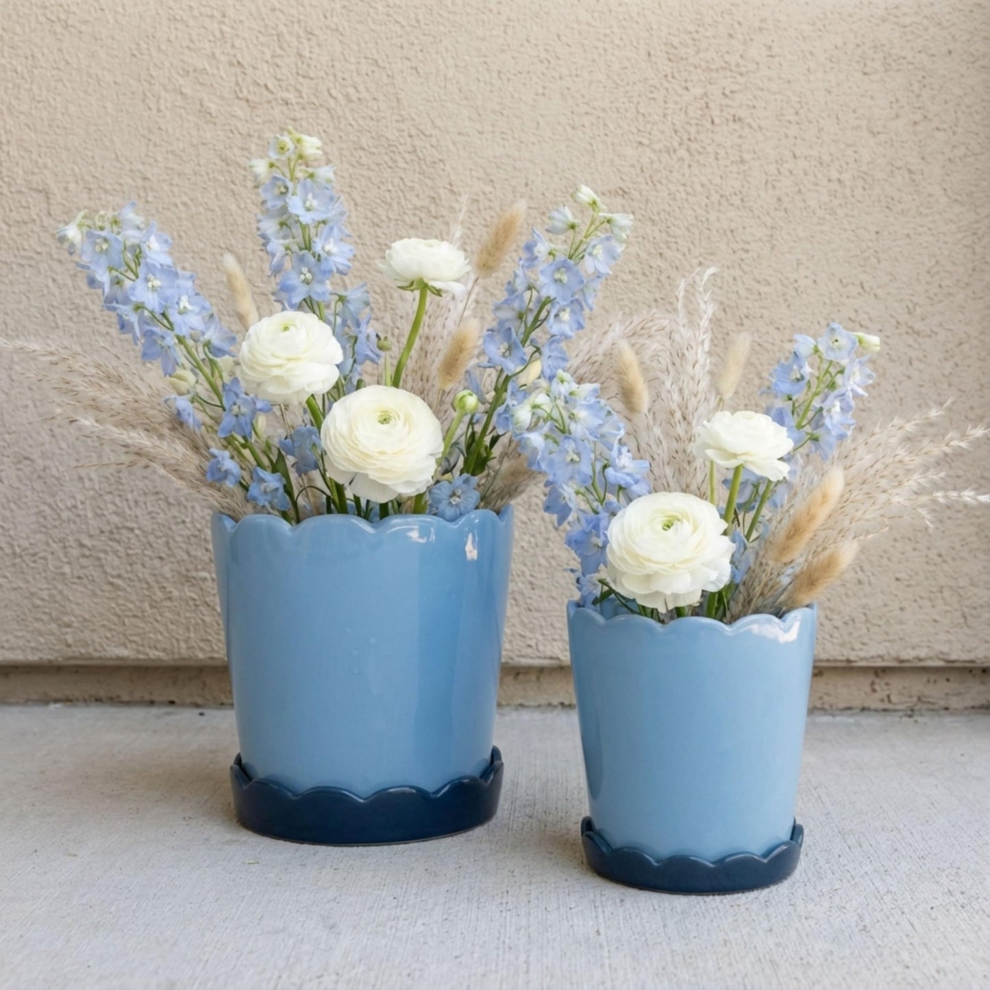 Modern Ceramic Flower Pots for Home Decor Accent - Scalloped Edge Planters and Pots for Plants with Glazed Design - Glossy Planters for Indoor and Outdoor Display - Set of 2, 8", 7", Blue