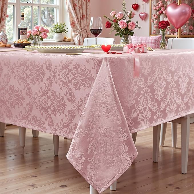 SASTYBALE Square Table Cloth - 52 x 52 Inch Pink Tablecloths Damask Spillproof Wrinkle Resistant Shrinkproof Soft Tablecloth Polyester Table Cover for Kitchen Dinning Party Tabletop