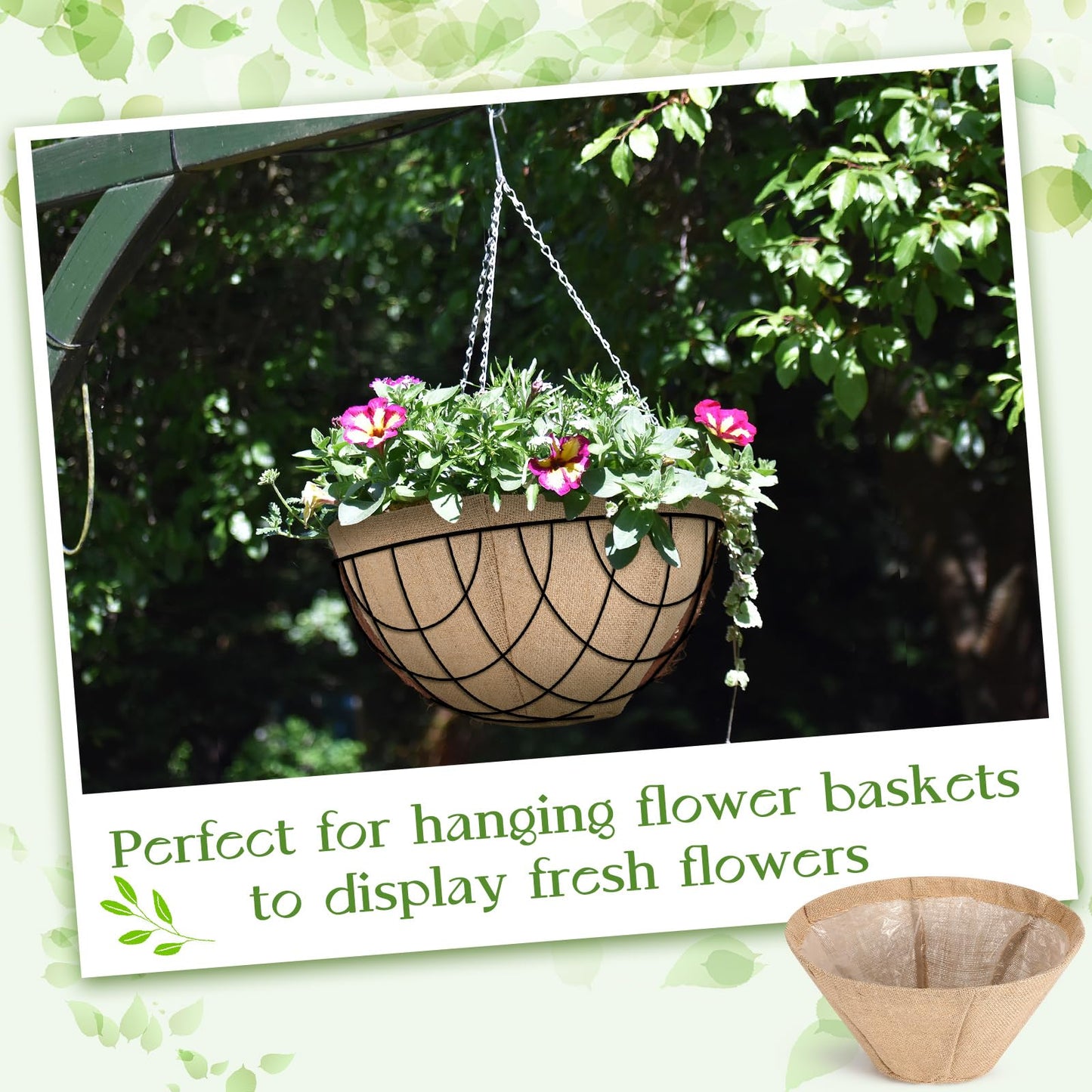 Novabright 4 Pack Round Burlap Liners with Drainage Hole and Plastic Interior Liner 14 Inch Rustic Burlap Planter Liner for 14" Diameter Hanging Baskets