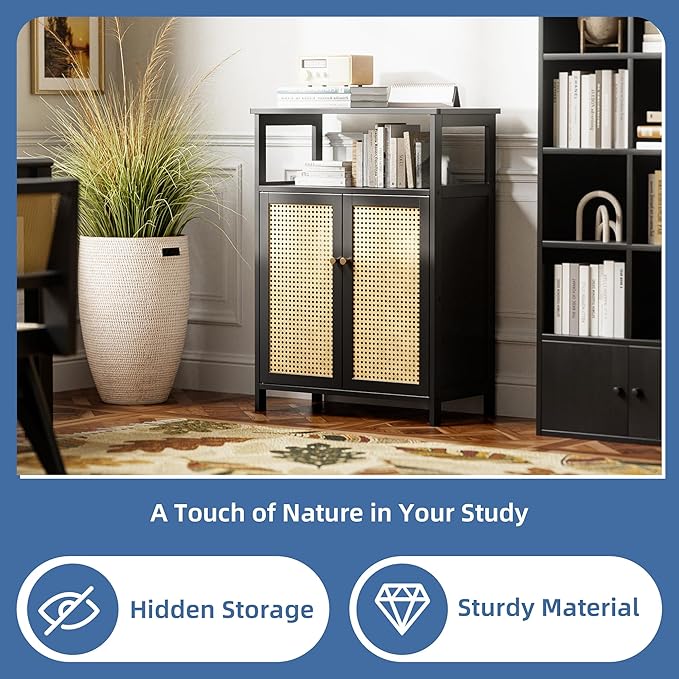 HITNET Bamboo Floor Cabinet, Bathroom Storage Cabinet with 2 Rattan Doors and Shelves, Space Saving Freestanding Kitchen Cupboard, Black